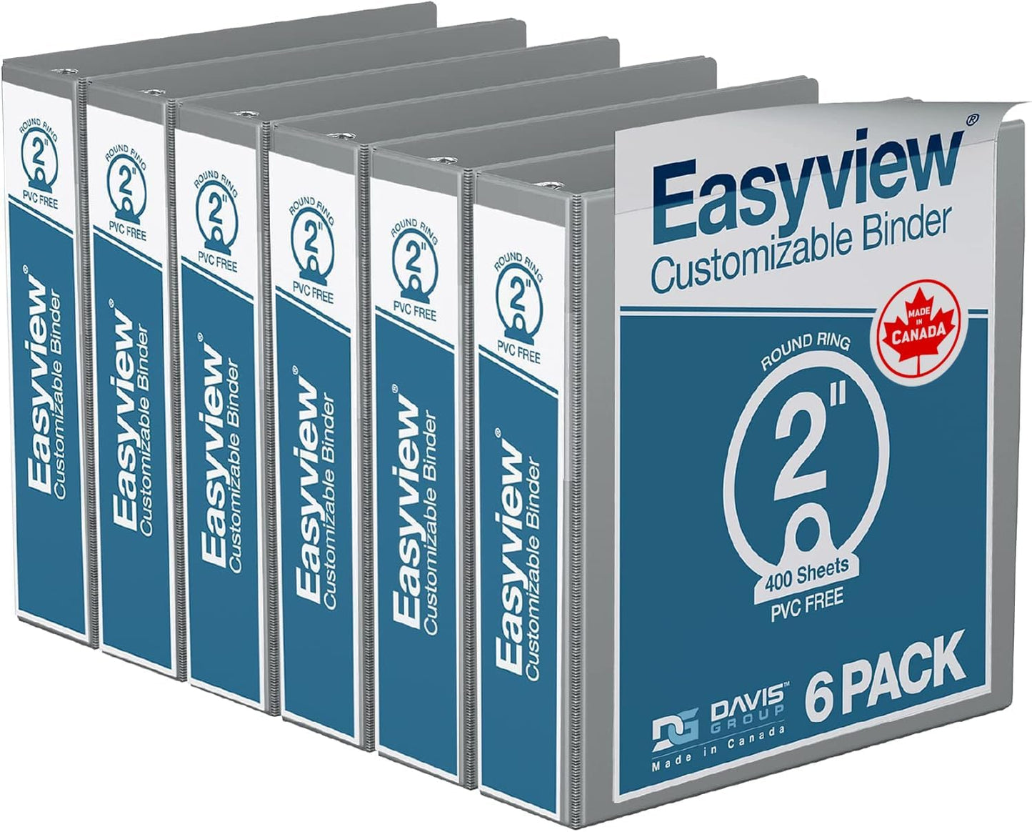 Easyview Premium 3-Ring Binders with Clear-View Covers and Round Rings, Binders for School or Office, 2 Inch, Pack of 6, Gray
