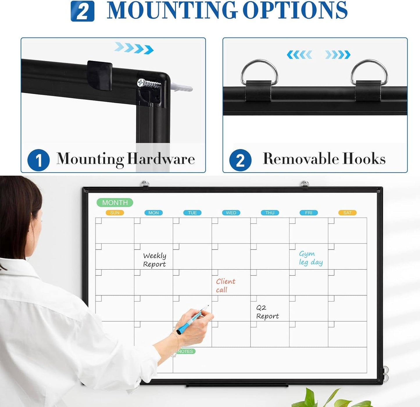 WALGLASS Dry Erase Calendar Whiteboard for Wall, 36" x 24" Double-Sided Monthly Calendar White Board with Black Aluminum Frame, Hanging or Wall Mount Whiteboard for Home, Office, School