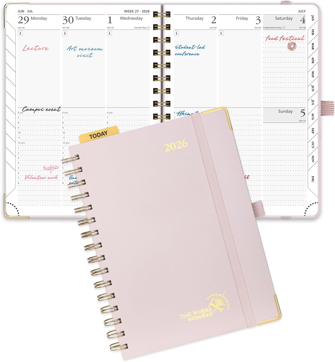 POPRUN 2026 Planner (Medium Size 8.5'' x 6.25'' Wire-Bound Hard Cover) Daily Weekly and Monthly Calendar - Agenda 2026 (Jan.2026-Dec.2026) with Hourly Schedule, Monthly Tabs - Light Pink