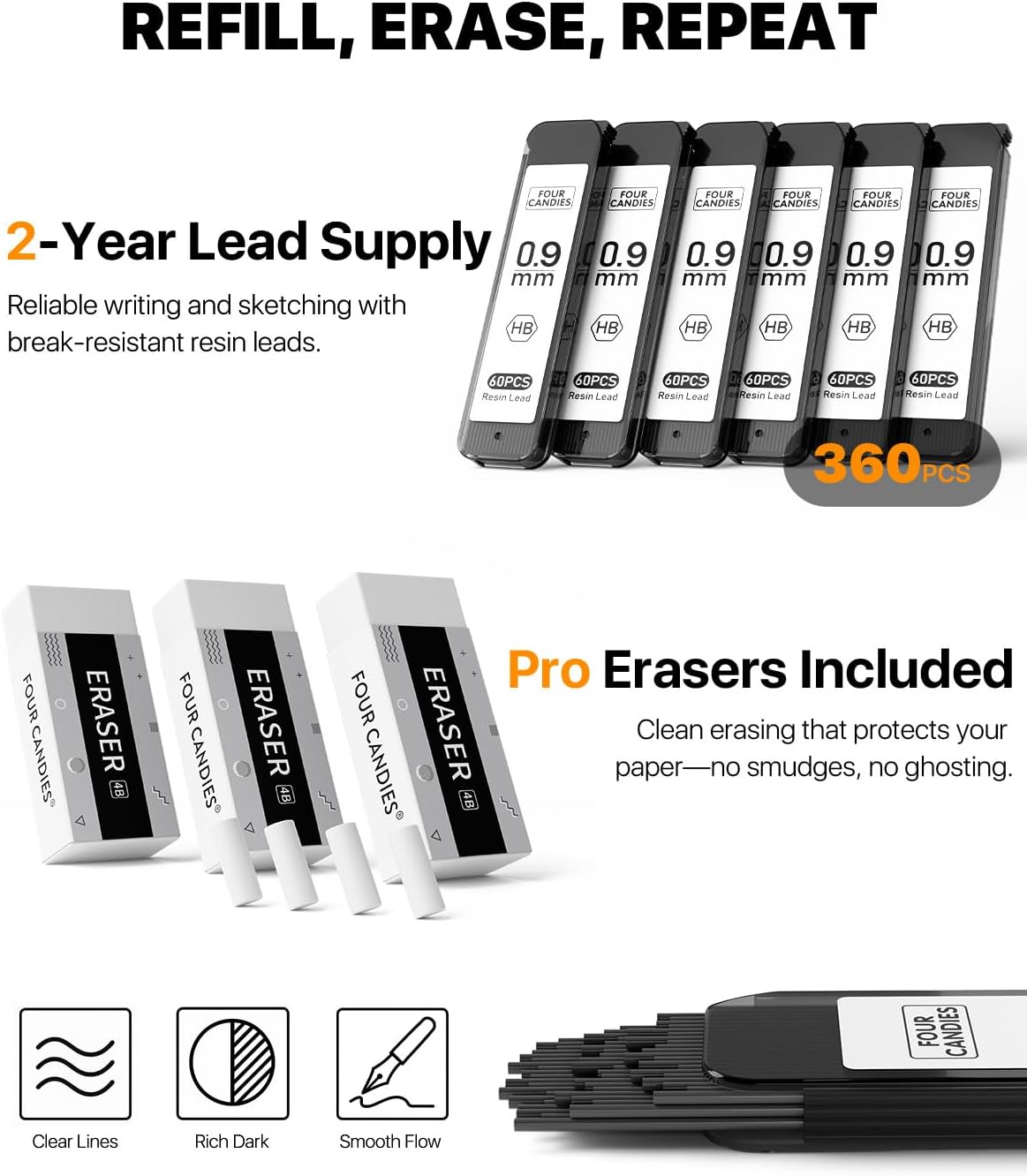 Four Candies Metal Mechanical Pencil Set - 6PCS 0.9mm Art Mechanical Pencils & 360PCS HB Lead Refills & 3PCS Erasers & 9PCS Eraser Refills, Drawing Mechanical Pencils for Writing, Sketching -With Case