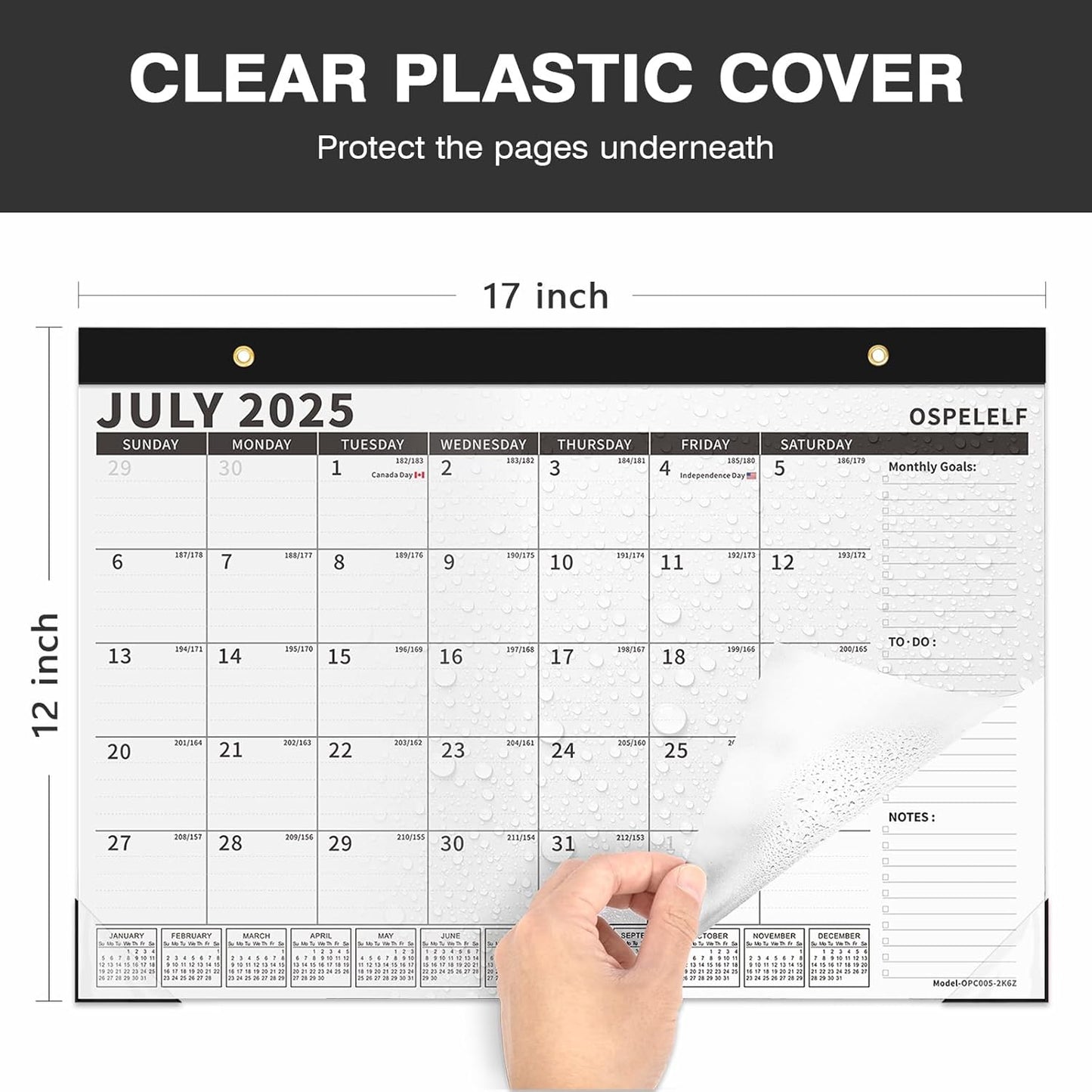 Ospelelf Magnetic Calendar 2025-2026 for Refrigerator, Desk Wall Calendar, July 2025 to December 2026, Monthly Large Planner Pad with Plastic Cover 17" X 12" Black
