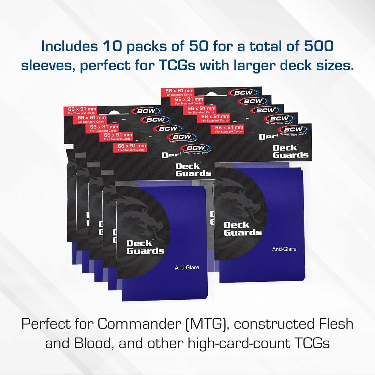 BCW Deck Guard - Double Matte Card Sleeves | 500 Count Box (10 Packs of 50 Sleeves) |Acid-Free, No PVC | Fits 2.5" x 3.5" Game Cards | Archival Safe Sleeves for Card Protection (Blue)