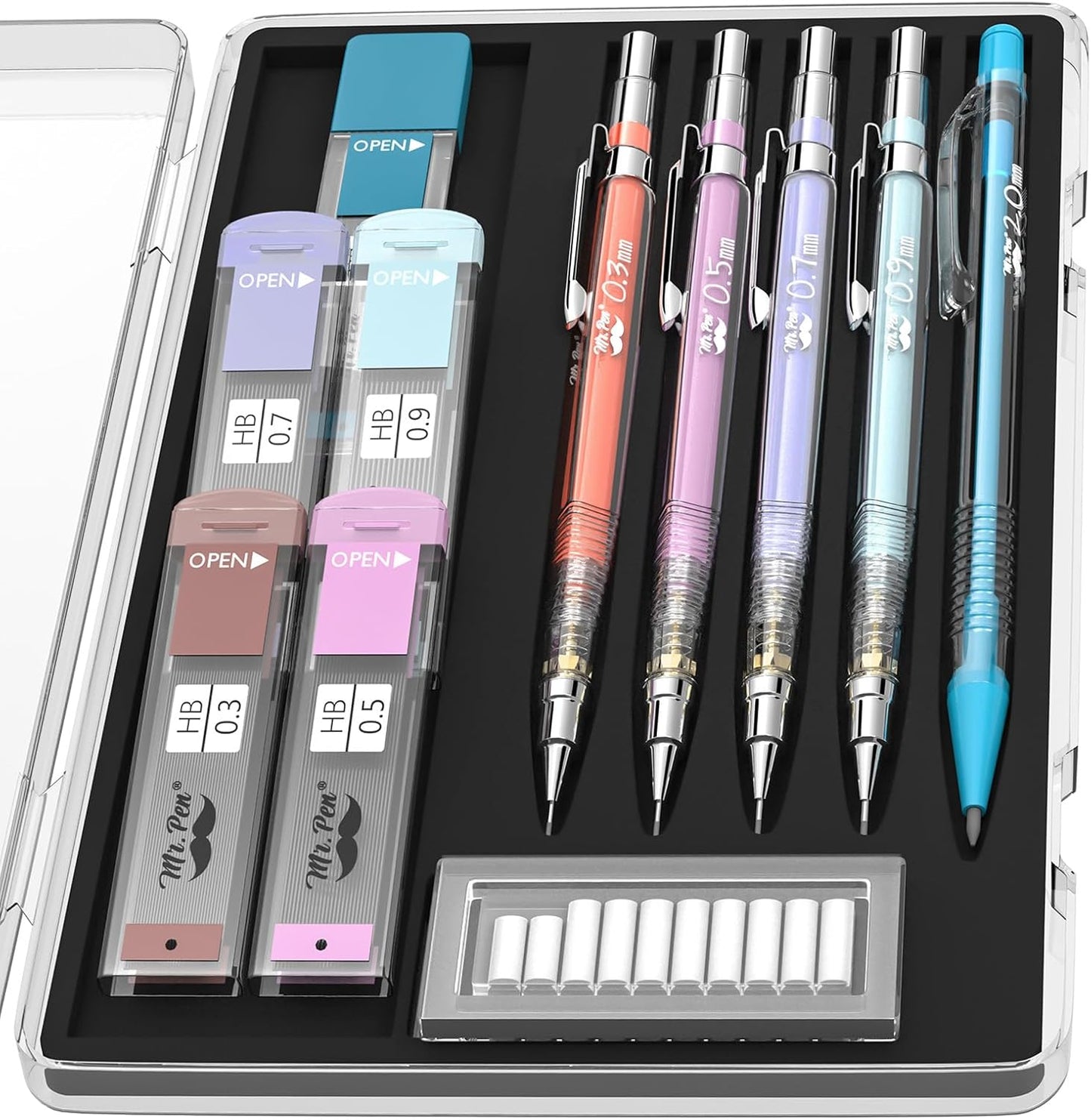 Mr. Pen- Pastel Mechanical Pencil Set with Black Lead and Eraser Refills, Clear Barrel, 0.3, 0.5, 0.7, 0.9, 2mm, Pastel Mechanical Pencils, Cute Mechanical Pencil Set, Aesthetic Mechanical Pencils