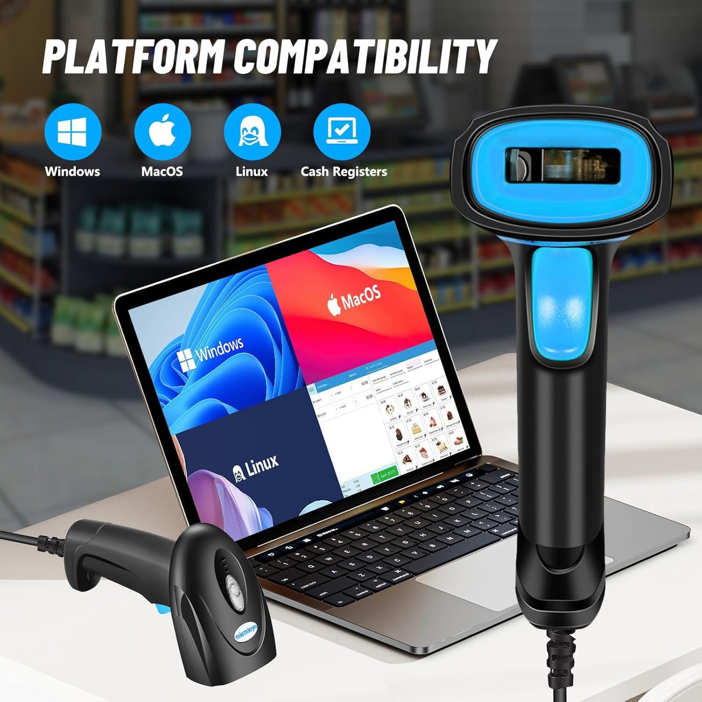 1D Handheld Barcode Scanner – Wireless Range Up to 328ft, Perfect for Retail, Warehouse, and Office Use