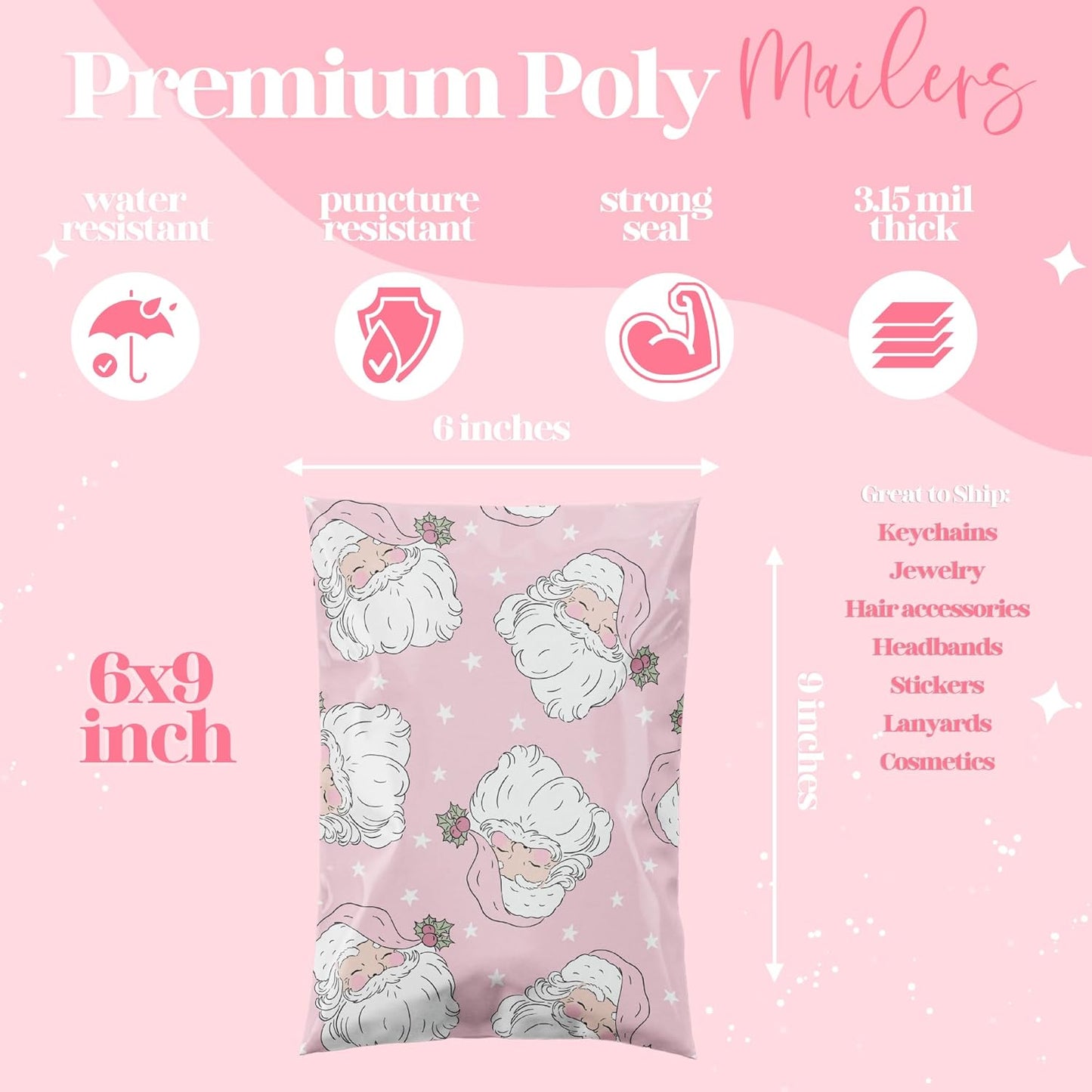 14.5x19 Designer Christmas Holiday Poly Mailers 100 Pack Heavy Duty Waterproof Self Seal Shipping Bags Large Mailing Envelopes Bulk Tear Resistant Cute Packaging Pink Santa