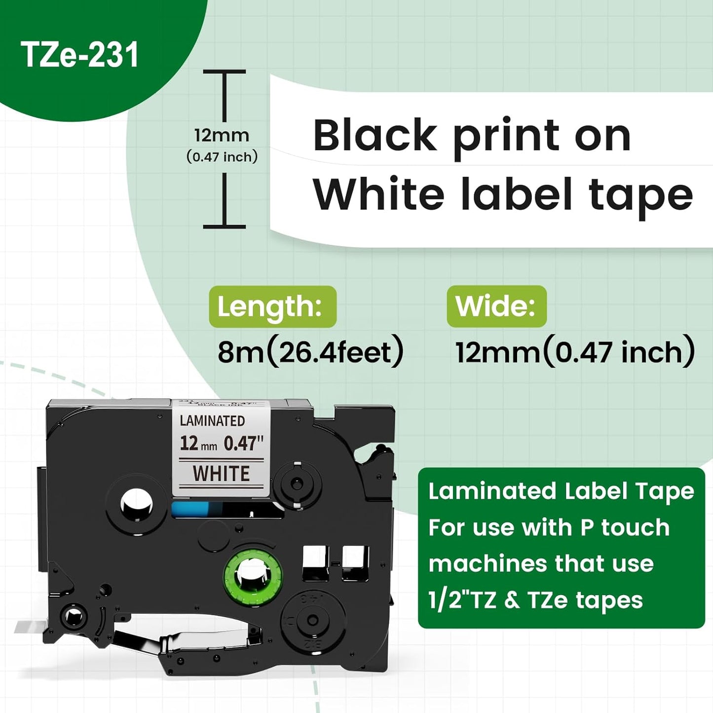 Label Maker Tape, Tze Tz Tape 12mm 0.47 Laminated White TZe-231 Replace for Brother P Touch TZ-231 AZe-231 Compatible with Brother P-Touch Label Maker Refills PT-D210 PTH110 PTD220,6PK