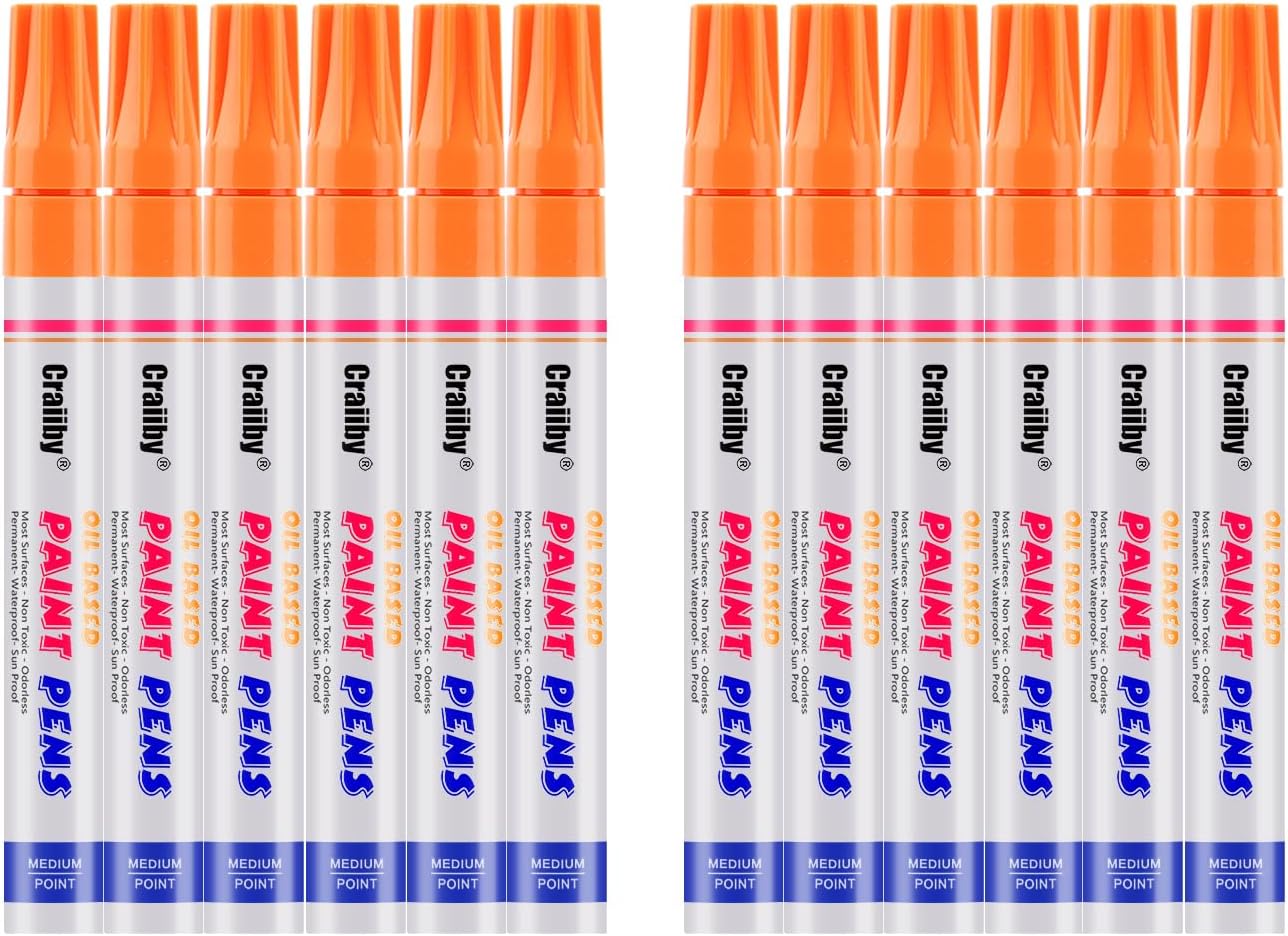 Orange Paint Markers, 12 Pack Oil-Based Waterproof Quick Dry Permanent Paint Pen Set for Rocks Painting, Wood, Fabric, Plastic, Canvas, Glass, Mugs, Metal, Tire, Stone, DIY Craft