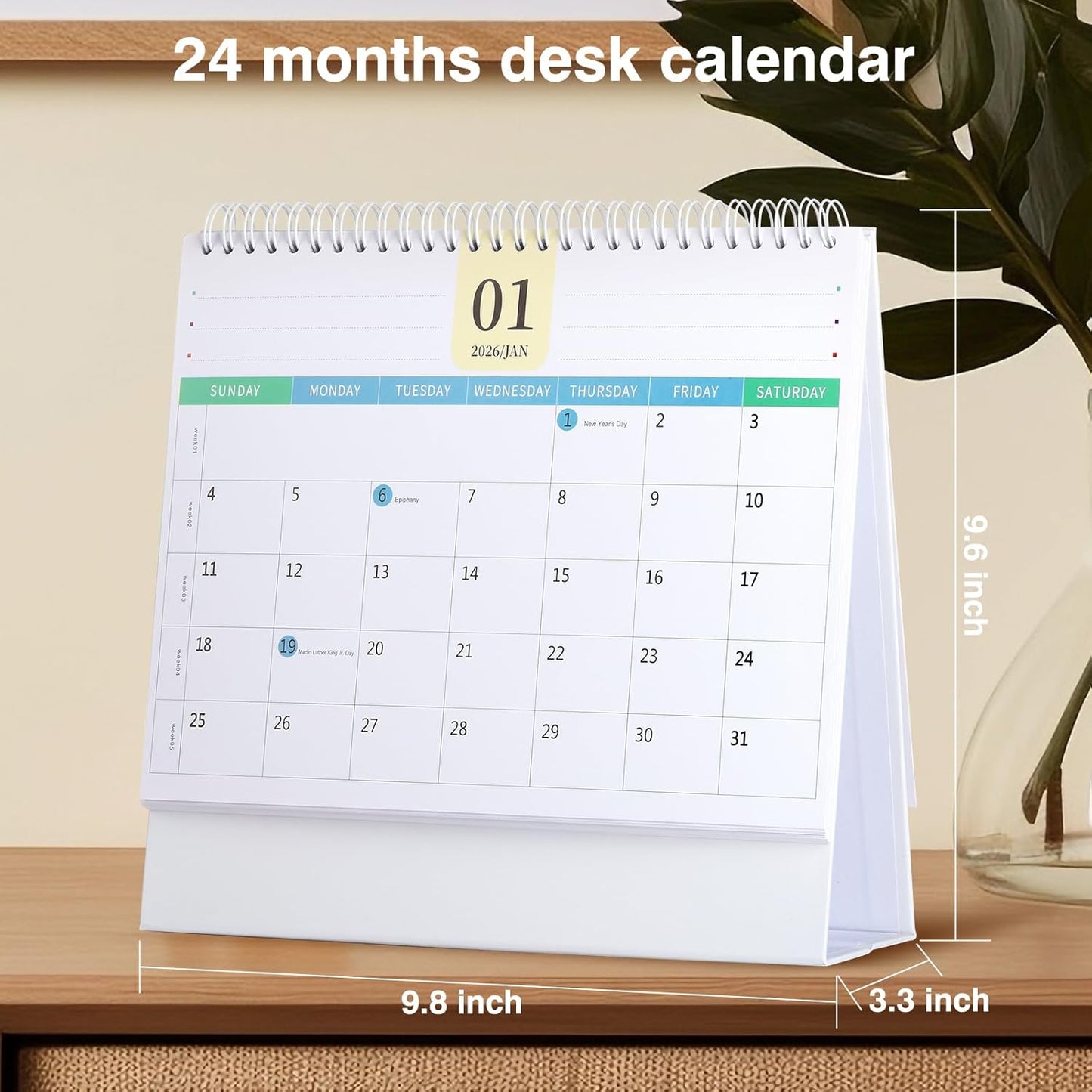 Desk Calendar 2026-2027, 2 Years Calendar Runs from Jan. 2026 until Dec 2027, Table Monthly Planner with Stickers for Home,Office,School Organization(L-Black+White,9.8" x 9.6")