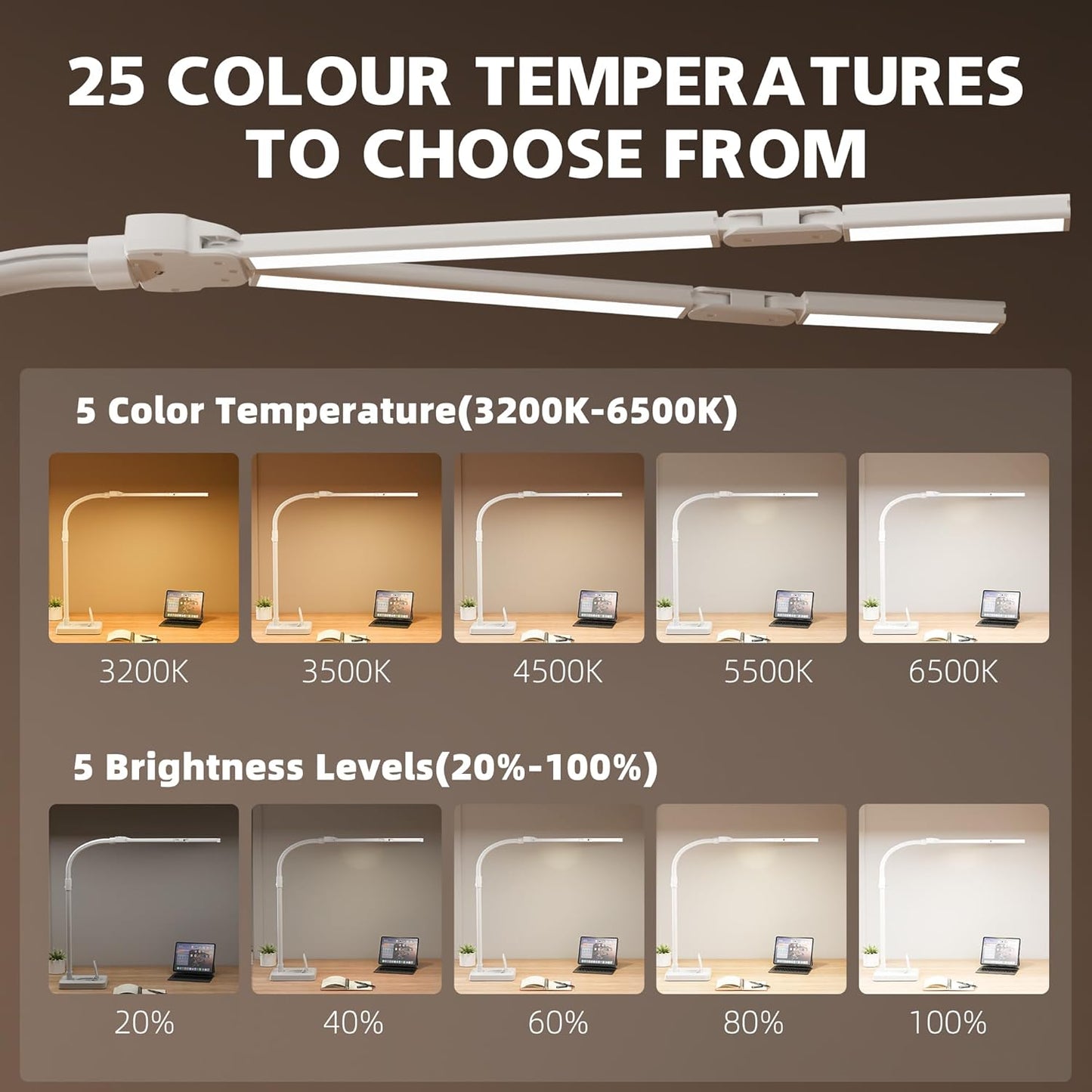 LED Desk Lamp for Home Office - 24W Bright Double Head Desk Light with Clamp Eye Caring Architect Task Light 25 Lighting Modes Adjustable Flexible Gooseneck Lamp (All White)