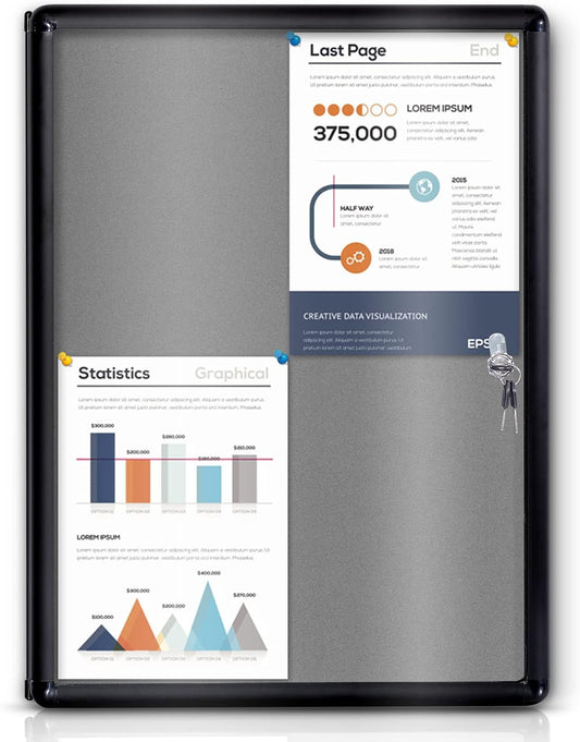 Enclosed Bulletin Board Lockable Display Case Message Board with Locking Door for Indoor, Grey Felt, Black Aluminum Frame, 26 X 20 in