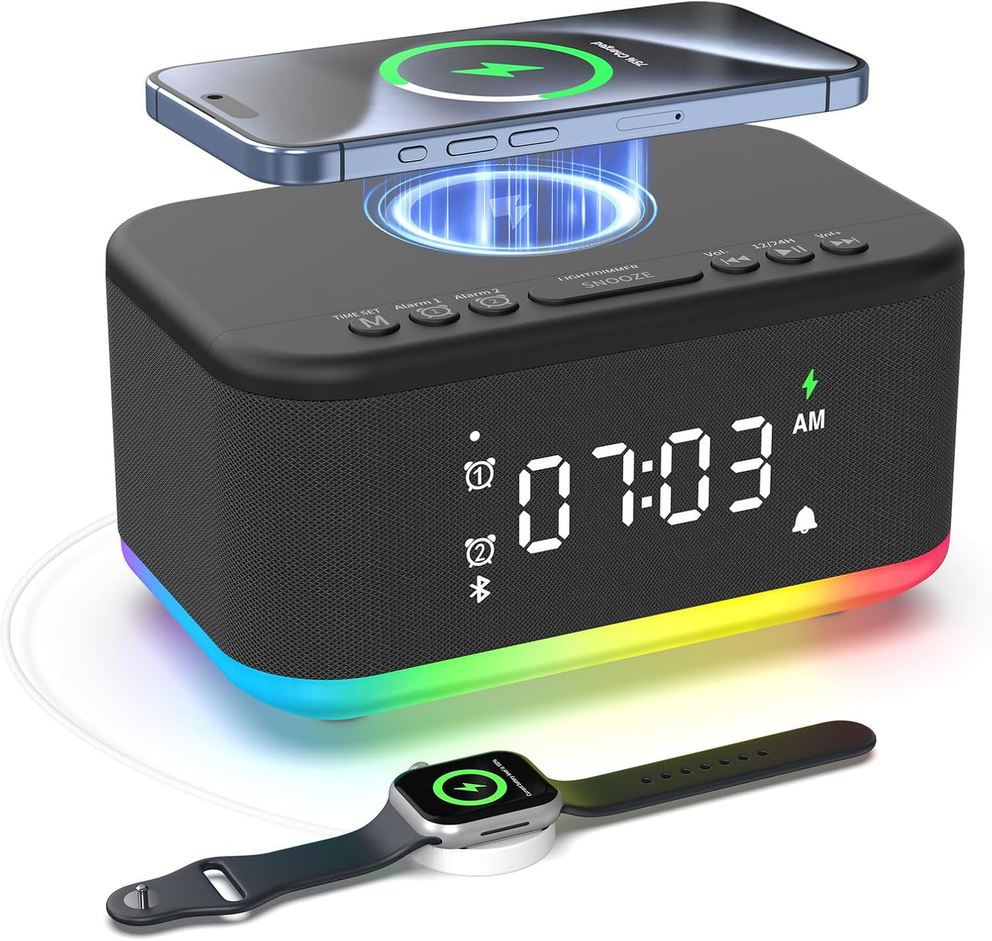 Alarm Clock Speaker Wireless Charger, Digital Alarm Clocks Bedrooms Bluetooth, Alarm Clock Dimmable Light Bedrooms Bluetooth Speaker Dual Alarm Snooze 12/24H Dimmer Support USB AUX, Black