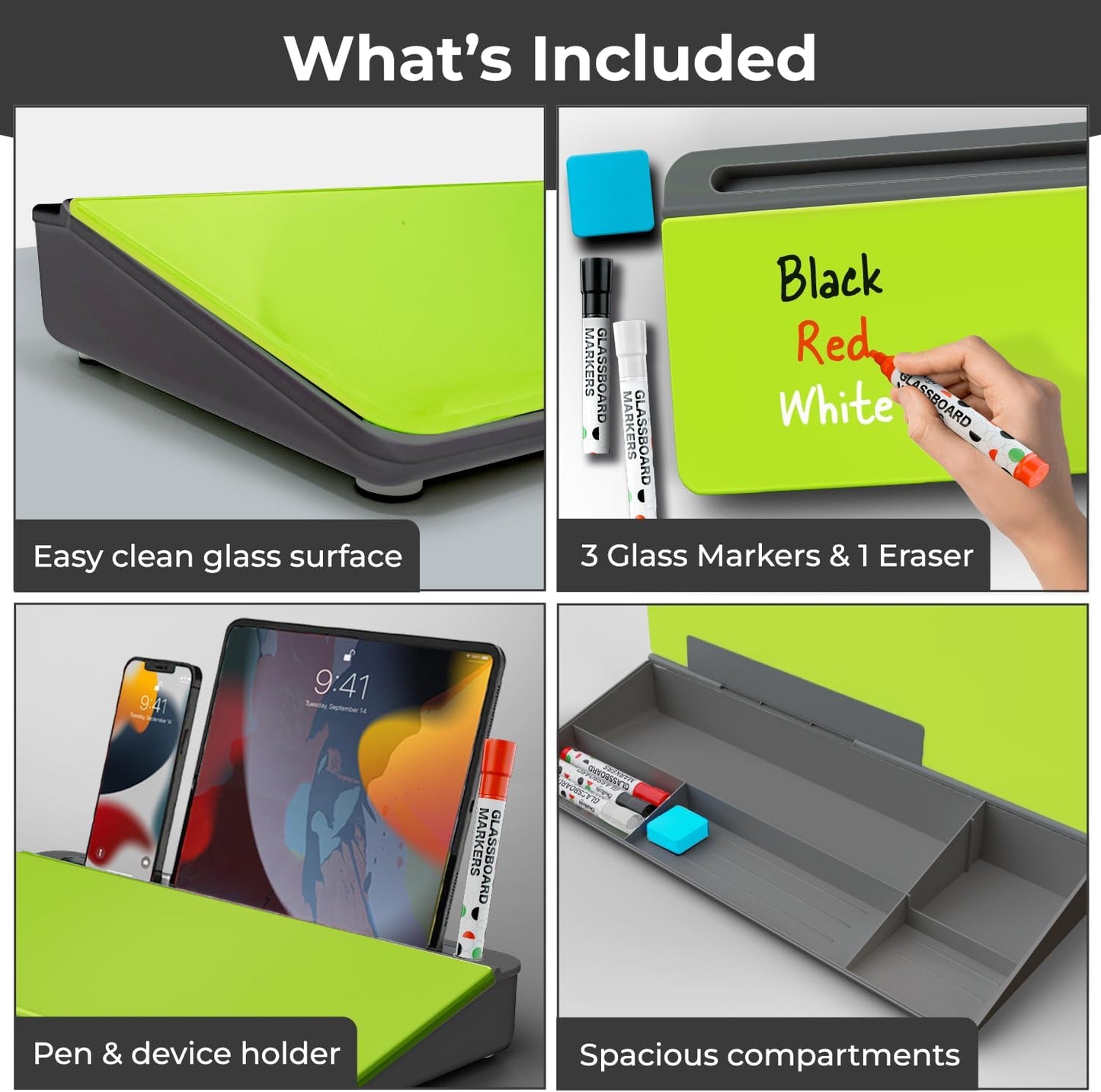 Chalkola Neon Green Glass Desktop Whiteboard with Storage - Dry Erase Board, Work Desk Organizers, Computer Keyboard Stand, Home Office Desk Accessories, Workspace Desktop Buddy + 3 Markers