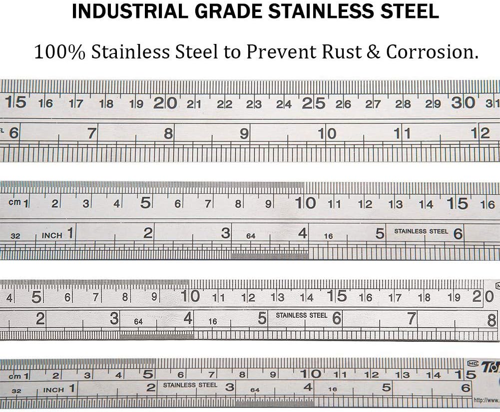 ZZTX Ruler Metal Straight Edge Stainless Steel Ruler 6 Inch 8 Inch 12 Inch 16 Inch Ruler Set Rulers Bulk Set of 4