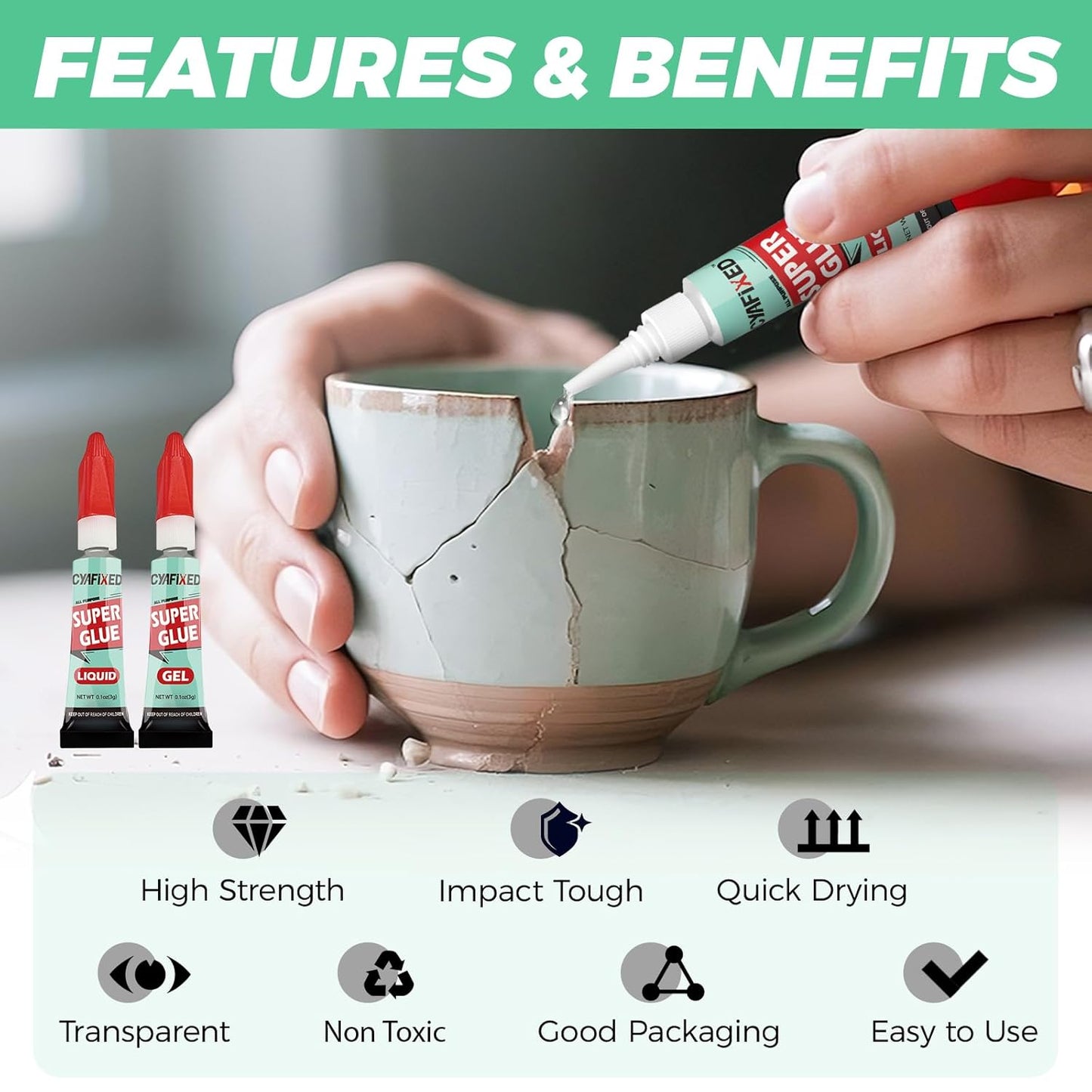 Super Glue Liquid&Gel, Instant Adhesive, Multipack Cyanoacrylate Strong Clear Glue for Shoe Sole Repair Ceramic Plastic Metal Wood Pottery Leather Aquarium Glass, Rubber, Strong Bonding