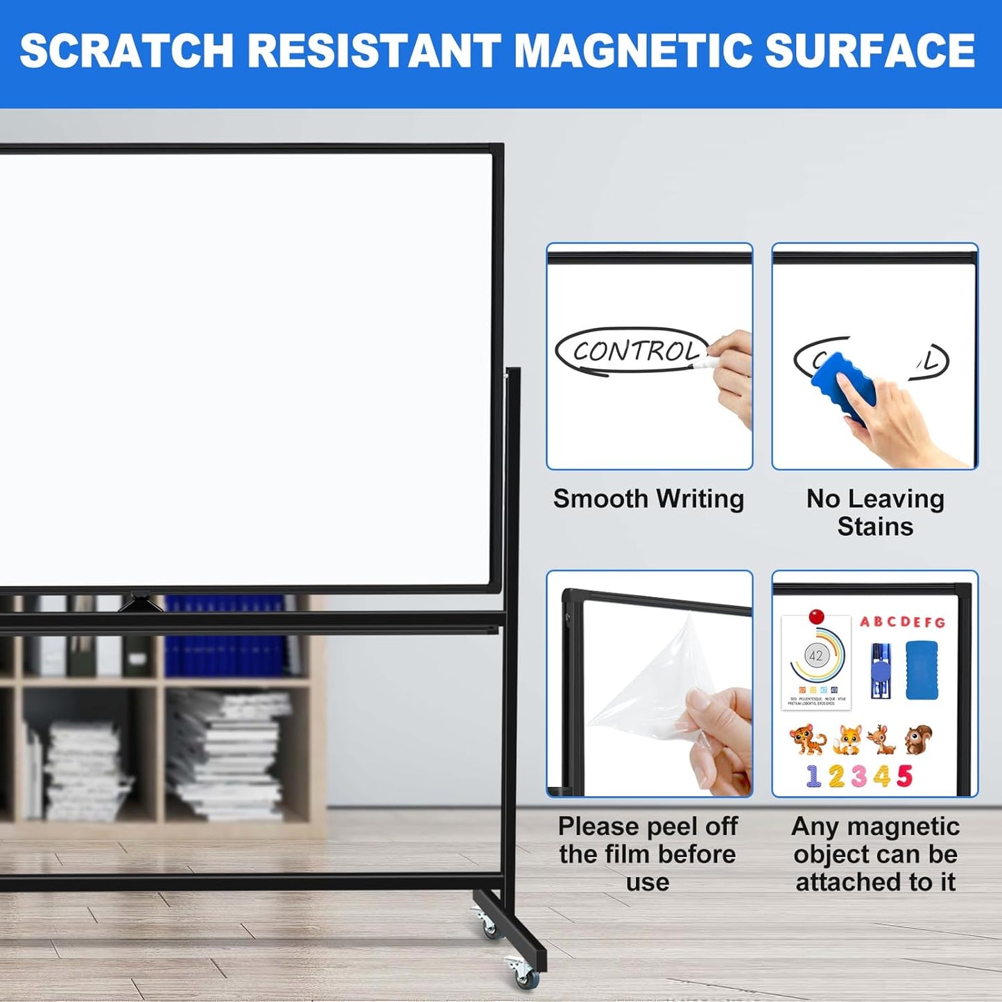 Large Dry Erase White Board with Rolling Stand 72"x48" Double-Sided Mobile Magnetic Whiteboard on Wheels, Including 3 Magnetic Erasers, 7 Markers, 30 Magnets