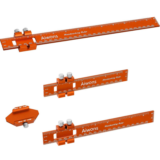 Woodworking Ruler Pocket Rule -12/8/6 Inch Precision Pocket Ruler with 45°& 30°Metal Slide Stop - Wood Marking Ruler Metric Inch Measuring Scribing Rulers - Aluminum Alloy Square Ruler