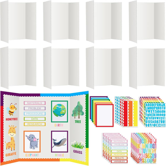 Teling 180 Pcs Trifold Poster Board Set, 8 Pcs 36 x 48 Trifold Display Presentation Cardboard Science Project Board with 172 Sheet Title Letter Stickers for Classroom School Office