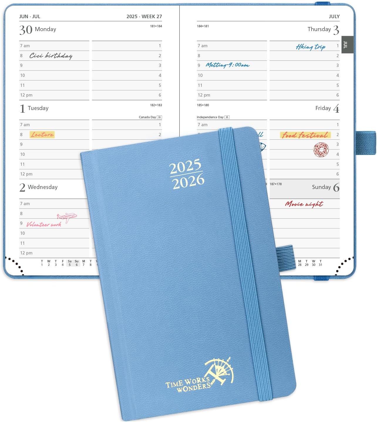 POPRUN Pocket Planner 2025-2026, (Purse Size 4''x 6.25'' Hard Cover) Academic Year Calendar Daily Weekly and Monthly (July 25-June 26) with Hourly Time Slots, 100 GSM Paper - Haze Blue