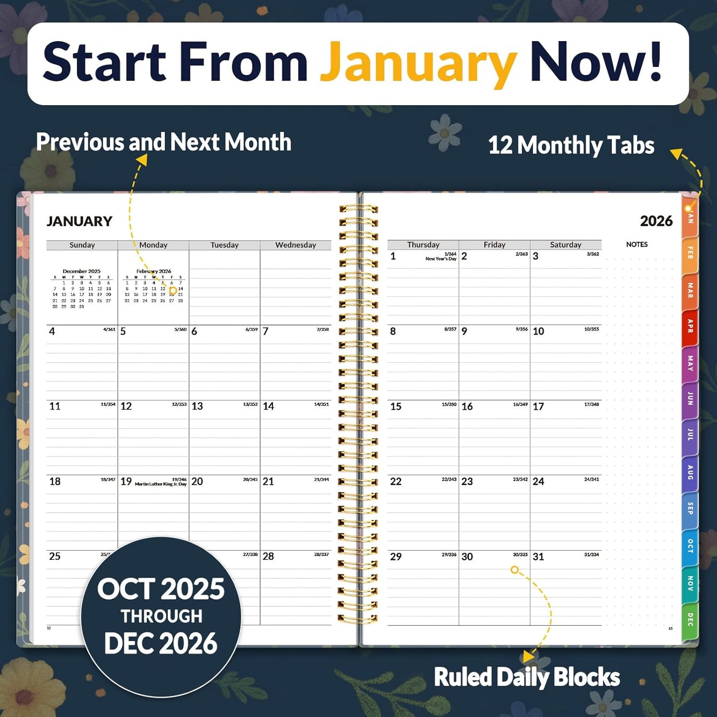 SUNEE 2026 Weekly and Monthly Planner - from January 2026 - December 2026, 8.5"x11" Daily Agenda Planner with Monthly Tab, Flexible Cover, Note Pages, Pockets, Bookmark, Spiral Binding, Navy Flower