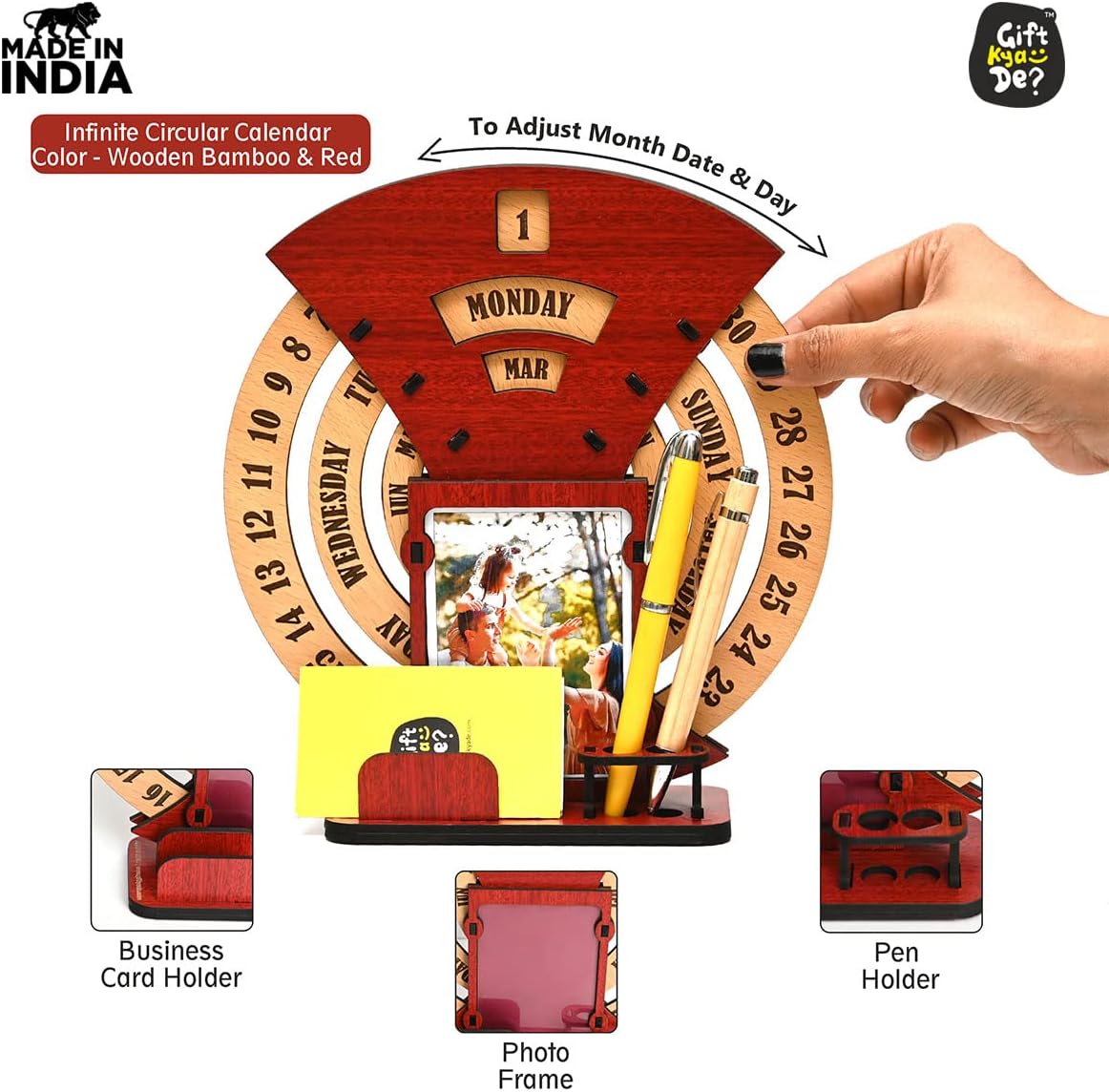 GKD Wooden Desk/Table Calendar to Lifetime Infinite Calendar 2025 with Desk Organizer and Photo Frame for Office/Home (‎Red)