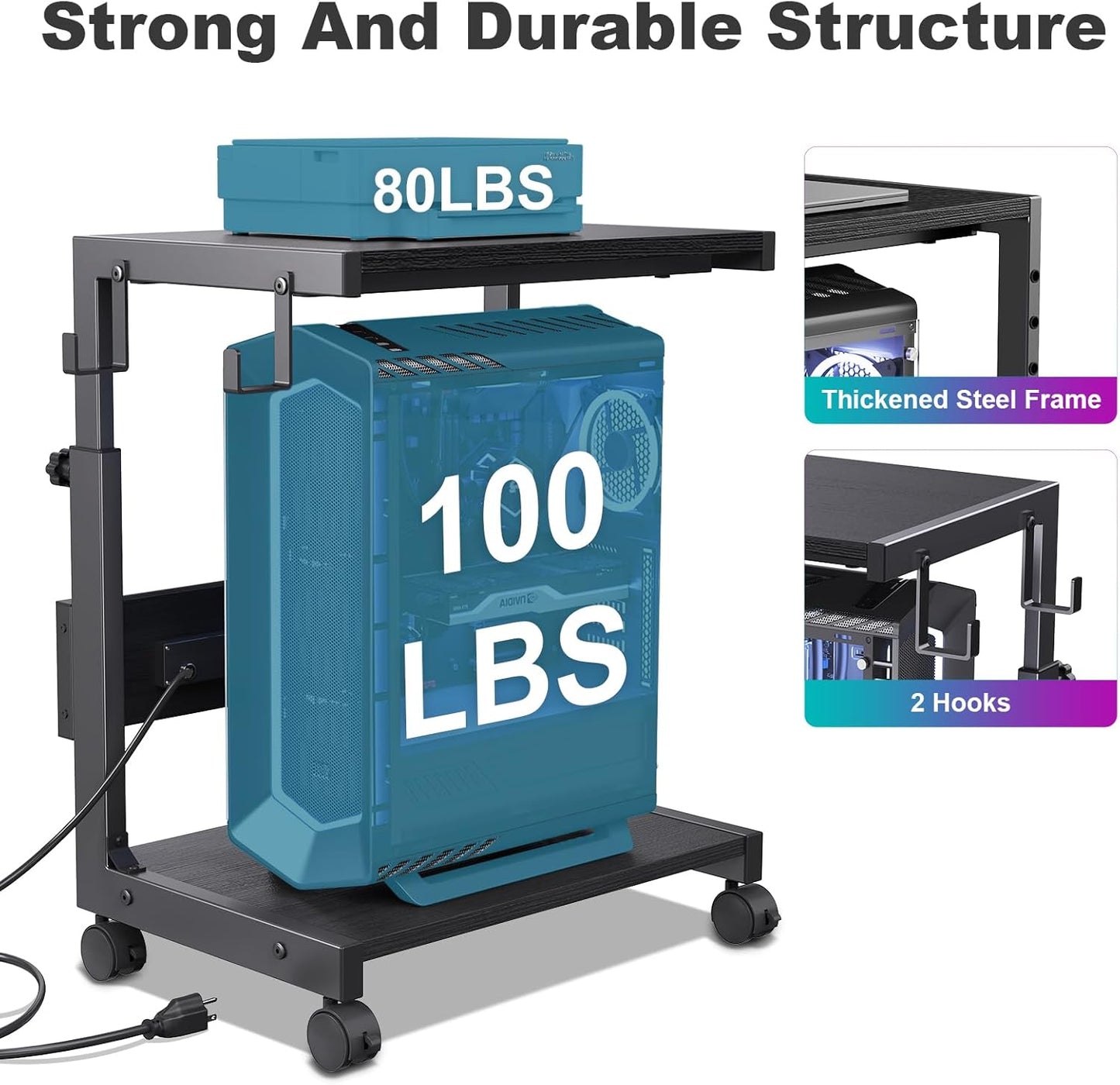 Computer Tower Stand with Charge Station and USB Charging Port - Height Adjustable PC Tower Stand, Under Desk CPU Holder Cart with Locking Caster Wheels for Fits Most PC