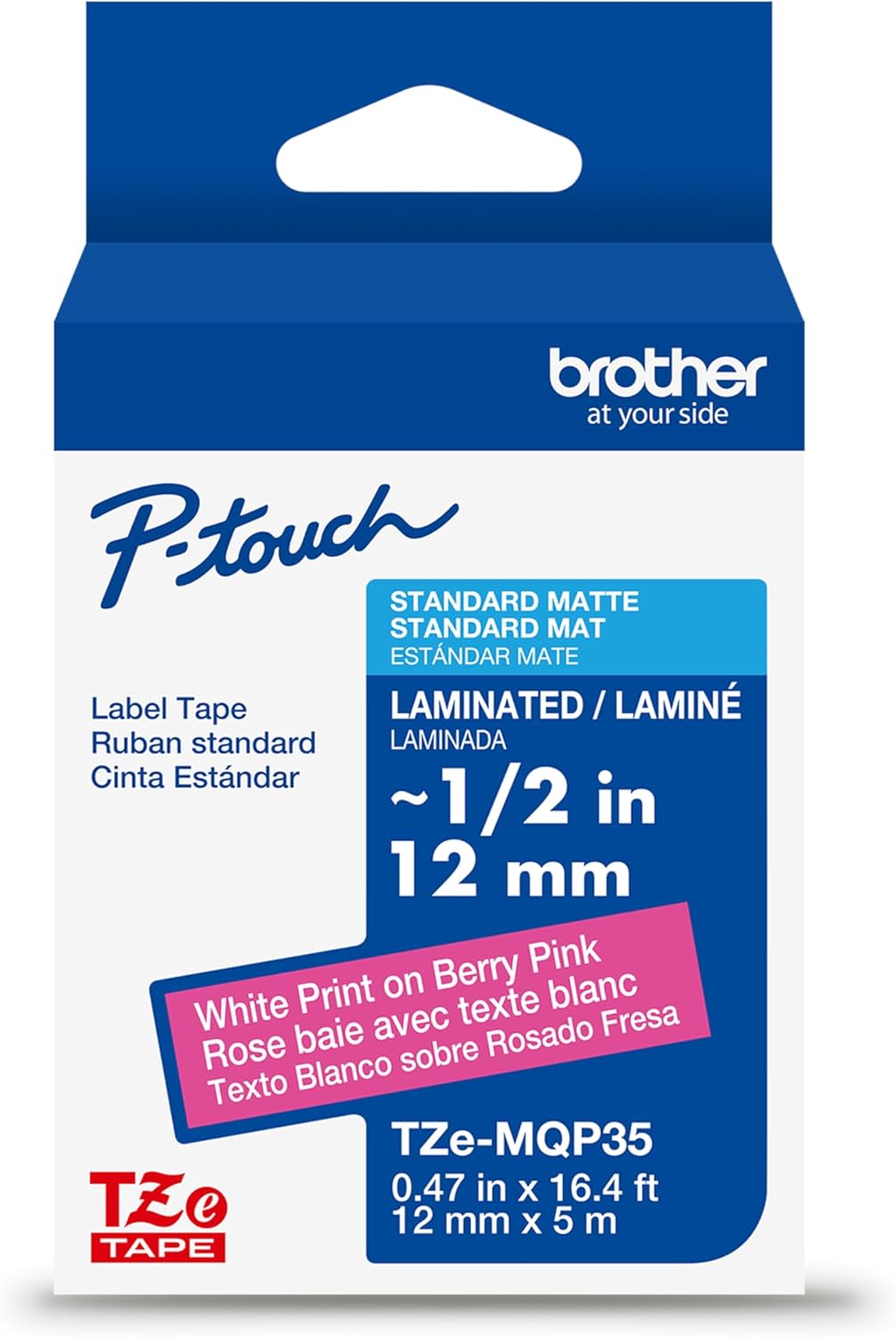 Brother Genuine P-Touch TZe White Print on Berry Pink Label Tape (TZeMQP35), Laminated,1/2in x 16.4ft (12mm x 5m), for Select P-Touch Label Makers, Durable, Water-Resistant, Indoor/Outdoor Use