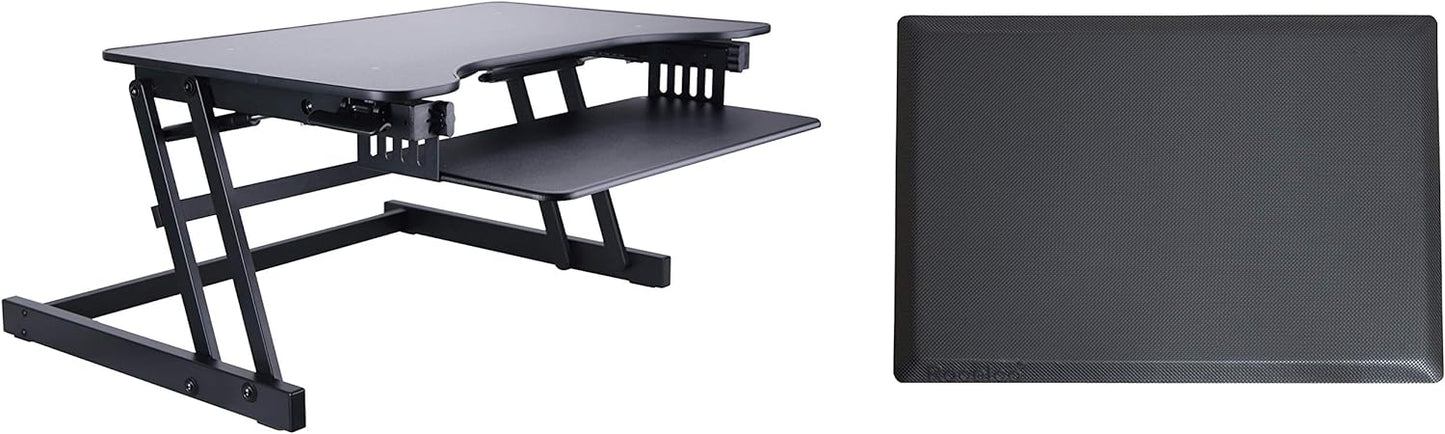Rocelco 32" Height Adjustable Standing Desk Converter with Anti Fatigue Mat BUNDLE - Sit Stand Up Dual Monitor Riser - Computer Workstation - Large Retractable Keyboard Tray - Black (R ADRB-MAFM)
