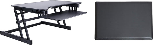 Rocelco 32" Height Adjustable Standing Desk Converter with Anti Fatigue Mat BUNDLE - Sit Stand Up Dual Monitor Riser - Computer Workstation - Large Retractable Keyboard Tray - Black (R ADRB-MAFM)