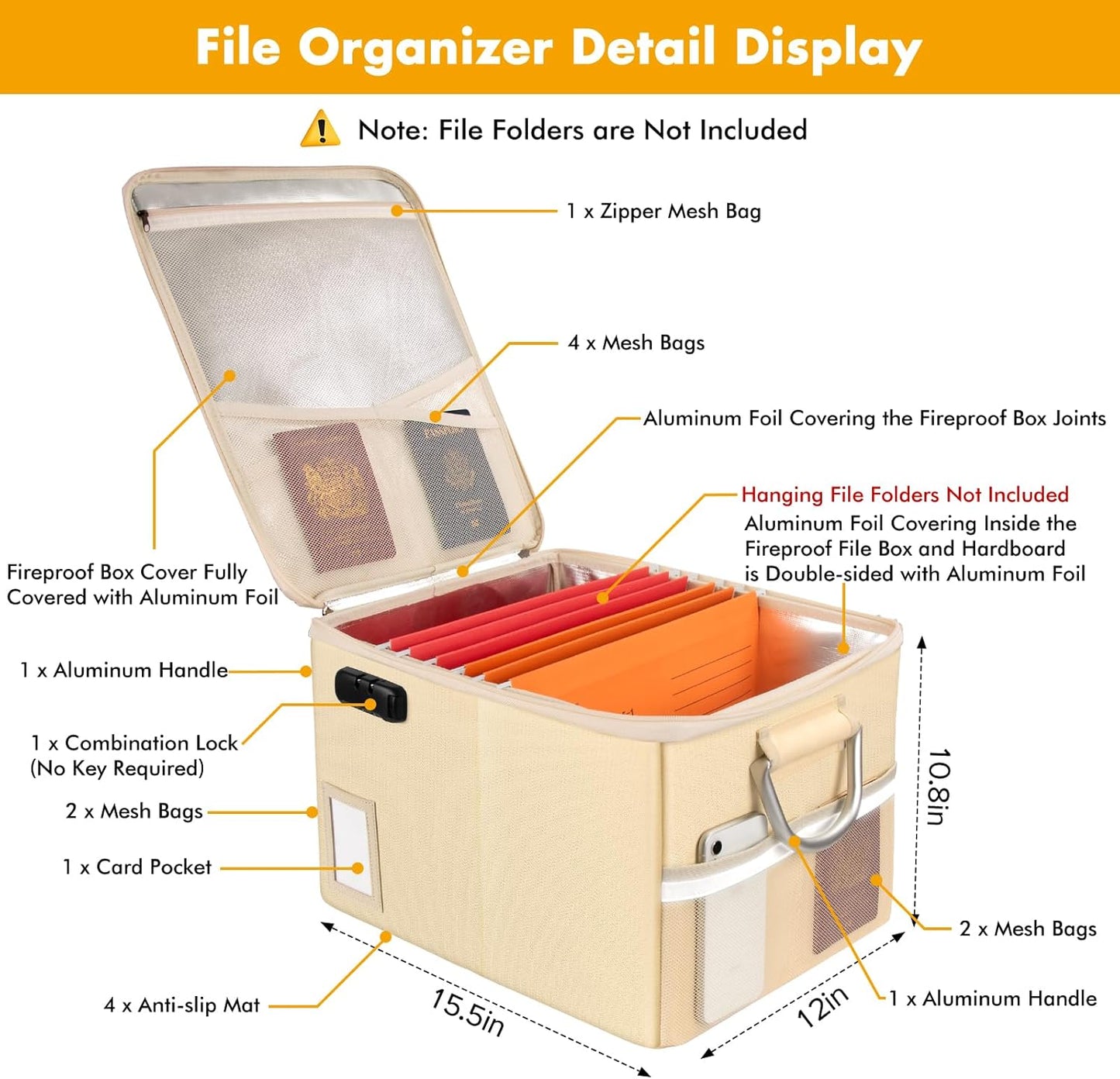 TOMKID 5200°F Fireproof Document Box, Fire Important Document Organizer with Lock, Upgraded Heat Insulated Filing Storage Cabinet Office Organization (5200°F Fireproof Box, Off-white)