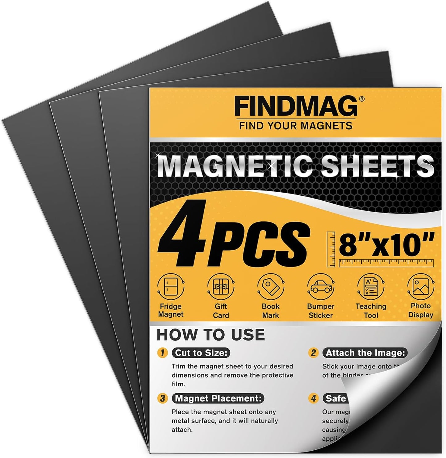 FINDMAG Magnetic Sheets, Flexible Magnets with Superior Adhesive Backing, Cut & Customize Magnet Sheet Set for Creating Magnetic Photo, Crafting, Organizing, and DIY Projects - 4 Pack (8" x 10")