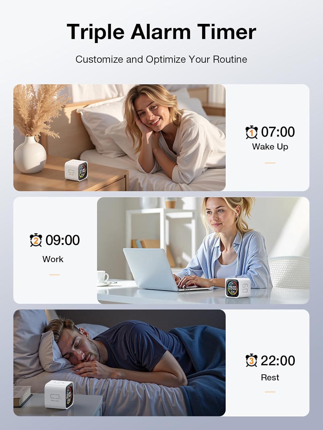 TK3 Pomodoro Timer Cube, Desk Productivity Timer with 5/10/30/60 Min Presets, Custom Countdown, Stopwatch, Clock, 3 Alarm, Silent, Vibrate & Sound Alert, for Task, ADHD, Study, Kitchen, White