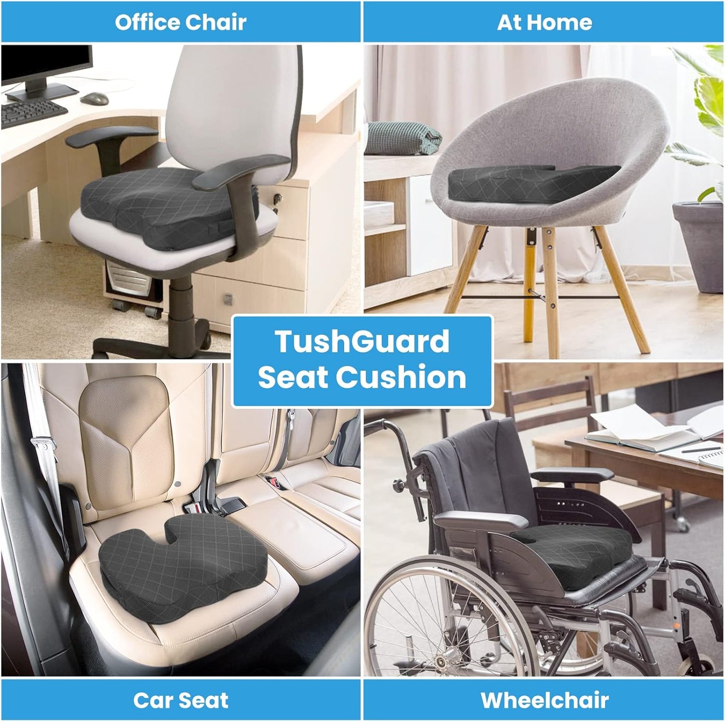 TushGuard Seat Cushion - Memory Foam Cushion for Office Chair, Car Seat, Airplane, Bleacher - Sciatica & Hip & Coccyx Pain Relief Cushions for Long Sitting Office Workers, Car Drivers (Grey, X-Large)