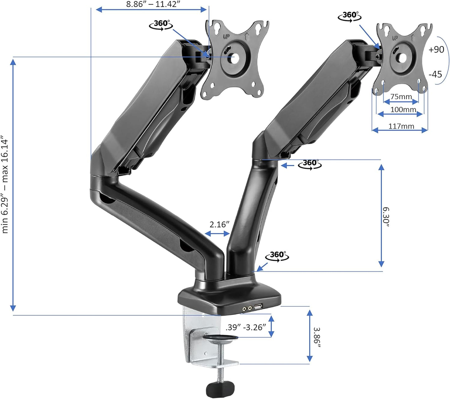 Rocelco 43" Height Adjustable Standing Desk Converter with Premium Dual Monitor Arm Mount - Tall Stand Up Tabletop Riser and Tablet Slot - Computer Workstation - Keyboard Tray - Black (R VADRB-43-MA2)