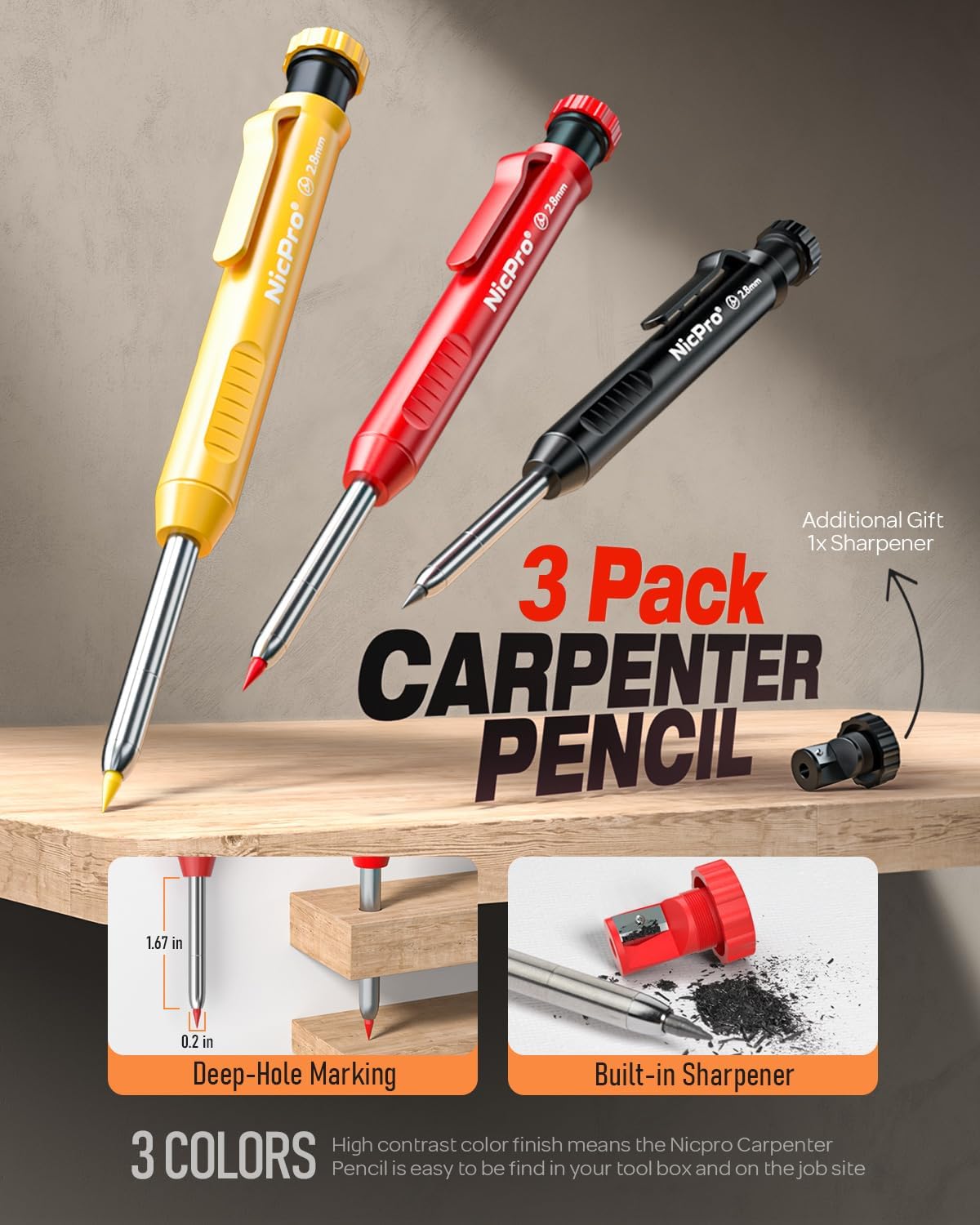 Nicpro 18 Pack Carpenter Pencils Mechanical, Construction Pencils with 60 Refill, Automatic Center Punch and Carbide Scribe Tool, 2.0mm Mechanical Pencil for Woodworking, Best Carpenters Marking Tool