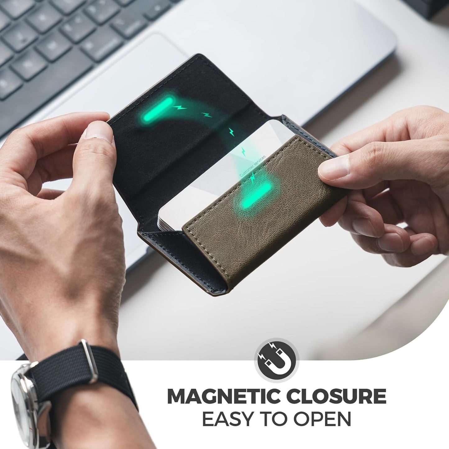 VULKIT Leather Business Card Holder Case for Men Slim Pocket Business Card Wallet Name Card Case Holder, Holds 20 Business Cards Olive