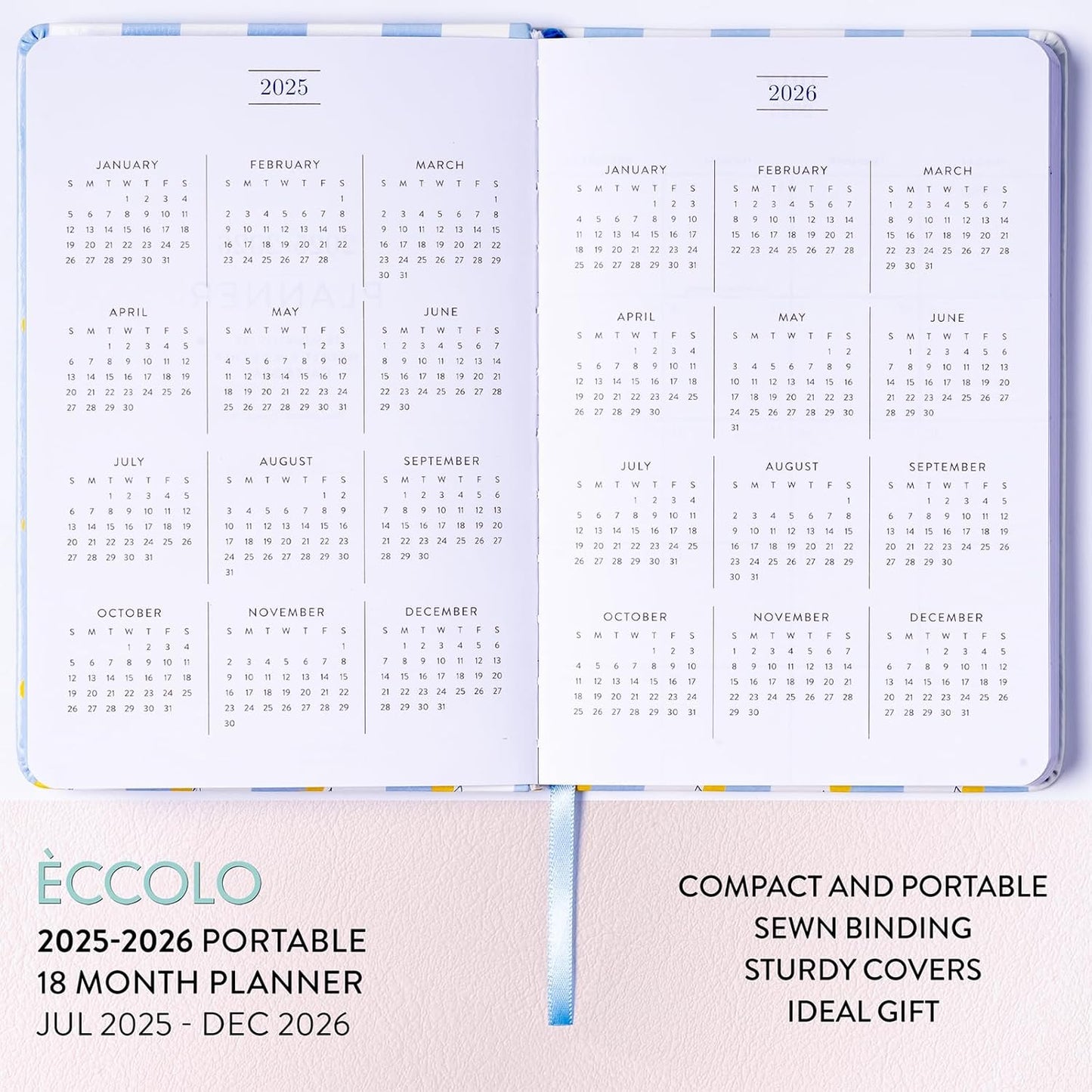 2025-2026 Eccolo 18 Month Bound Planner, Monthly & Weekly Pages (5.25 x 7.75" - July 2025 - Dec 2026 - Lemon Blue Stripes)