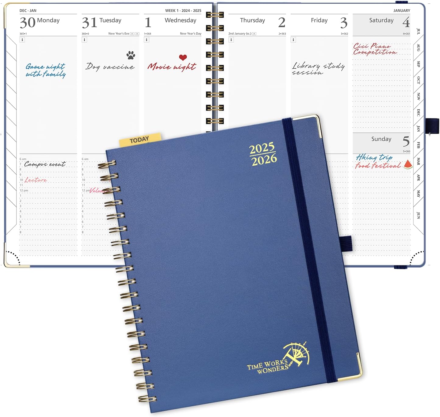 POPRUN Academic Planner 2025-2026 (July 2025-June 2026), Daily Weekly and Monthly Appointment Book (Wirebound Hard Cover - 10'' x 8'') with Hourly Time Slots, Tabs, 100 GSM - Navy Blue