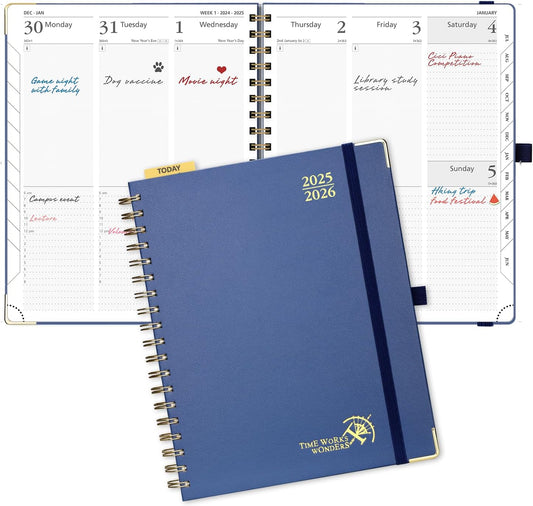 POPRUN Academic Planner 2025-2026 (July 2025-June 2026), Daily Weekly and Monthly Appointment Book (Wirebound Hard Cover - 10'' x 8'') with Hourly Time Slots, Tabs, 100 GSM - Navy Blue