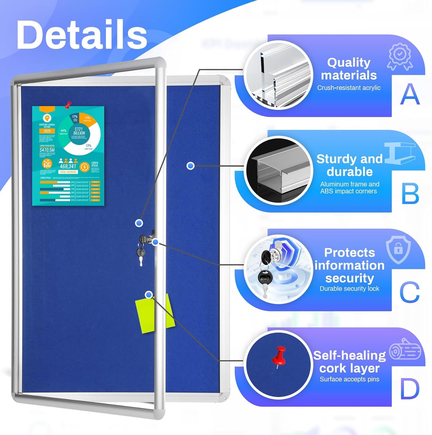 Magula 36"x24" Enclosed Bulletin Board Tamper-Proof Dispaly Case, Aluminium Frame, Shatter Resistant Lockable Bulletin Board, Lockable Noticeboard for School, Office, Commercial, Hospital etc