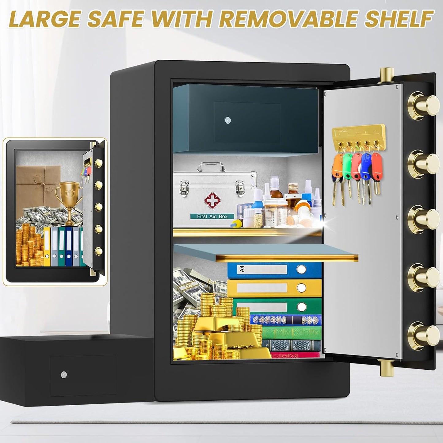 5.0 Cuft Fireproof Safe for Home, Home Safes Water and Fireproof, Safe Box with Digital Combination Lock, Fire and Water Proof Bag, Removable Shelf, Smart Alert, Fire Proof Safes for Money, Valuables