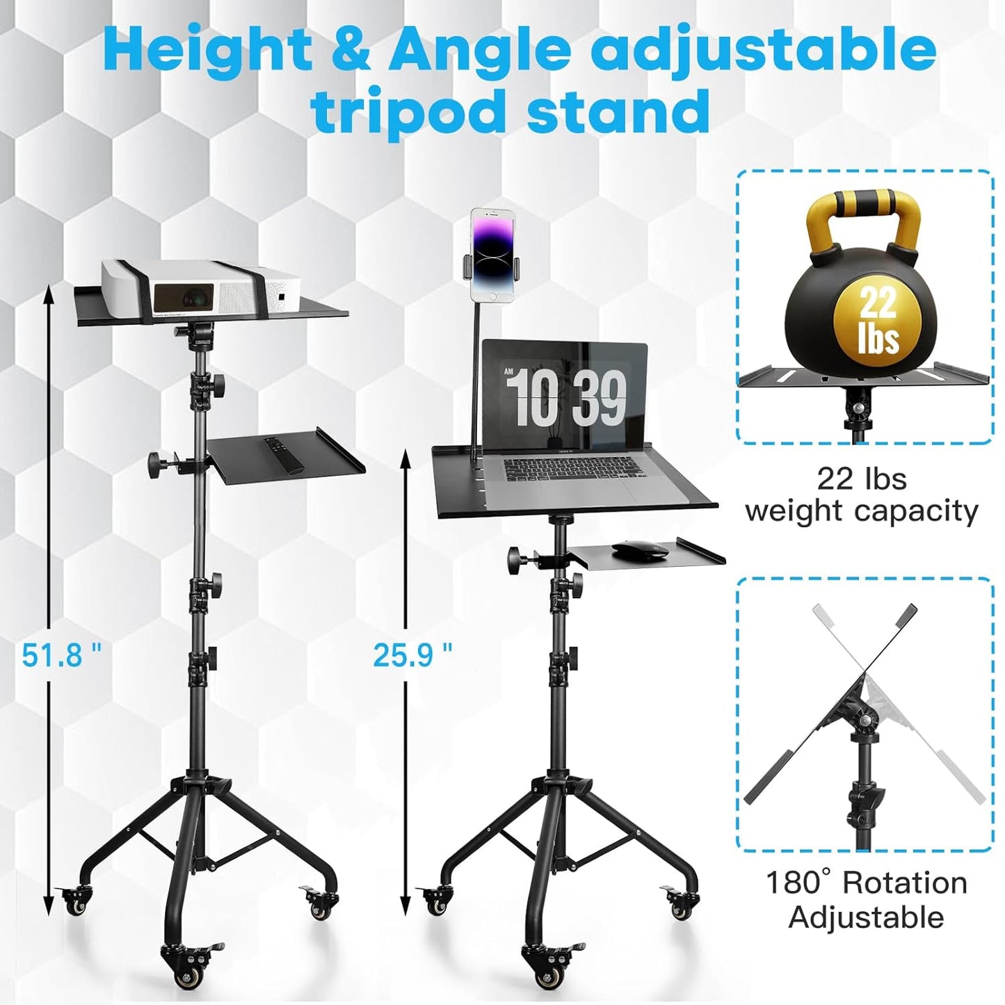 Portable Laptop & Projector Stand with Phone Holder and Mouse Tray ，Adjustable Height Tripod Stand for Laptop, Projector, DJ, Sheet Music，Black