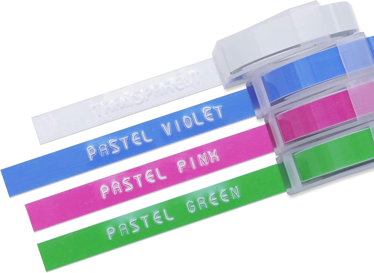 Motex Refill Tape for Embossing Label Maker, Pastel Color Tapes 4 Rolls, 3/8-Inch (Clear, Green, Violet, Pink)