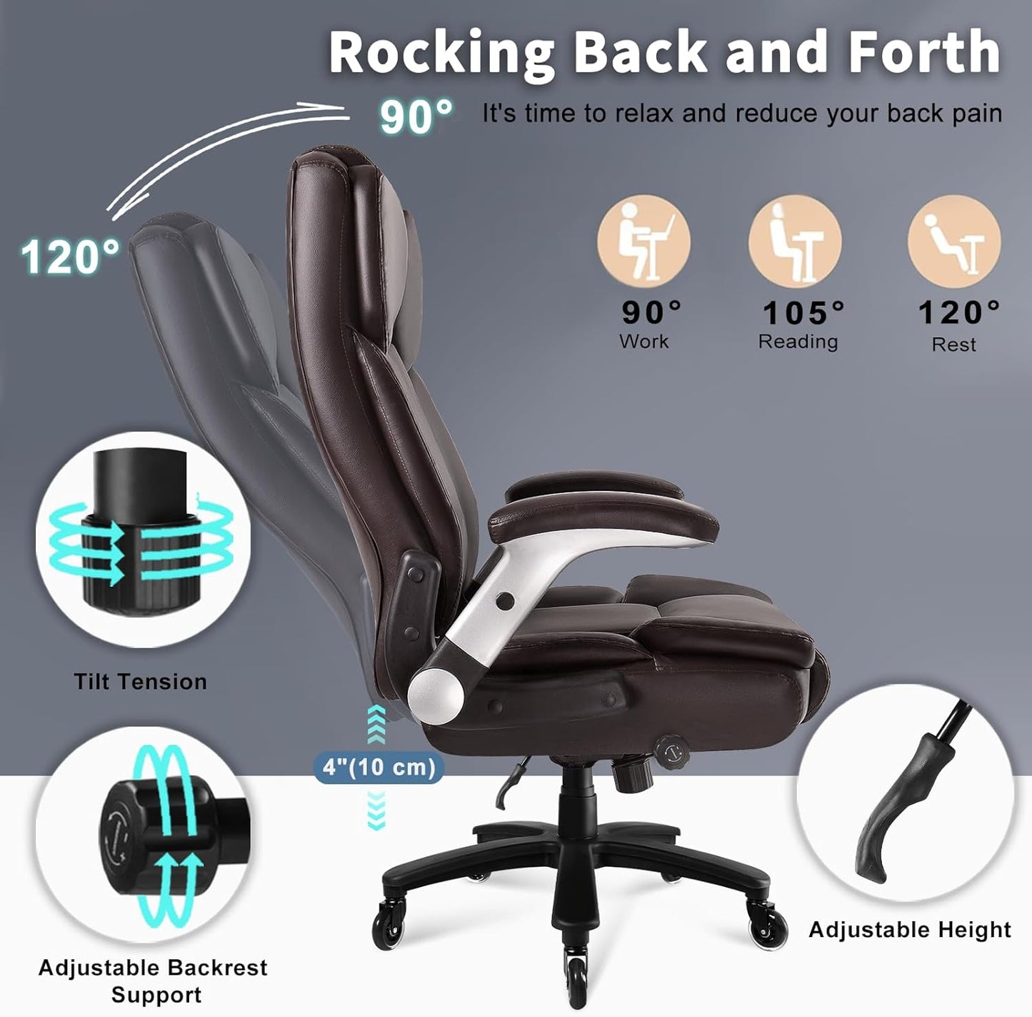 Big and Tall Office Chair 600lbs, Heavy Duty Executive Office Chair for Heavy People, Brown High Back Office Leather Ergonomic Chair with Adjustable Armrests and Lumbar Support for Computer Desk Chair