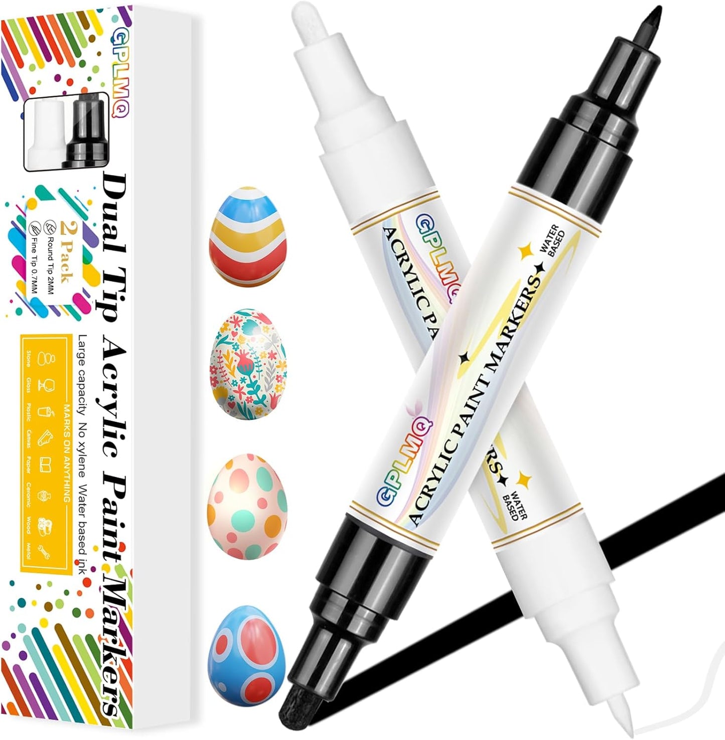 Paint Markers Paint Pens - 2 Pack Dual Tip Acrylic Permanent Marker (0.7mm & 3mm), Non-Toxic, Water-Based for Art Painting, Stone, Ceramic, Glass, Wood, Fabric, Metal, DIY Crafts (Black/White)