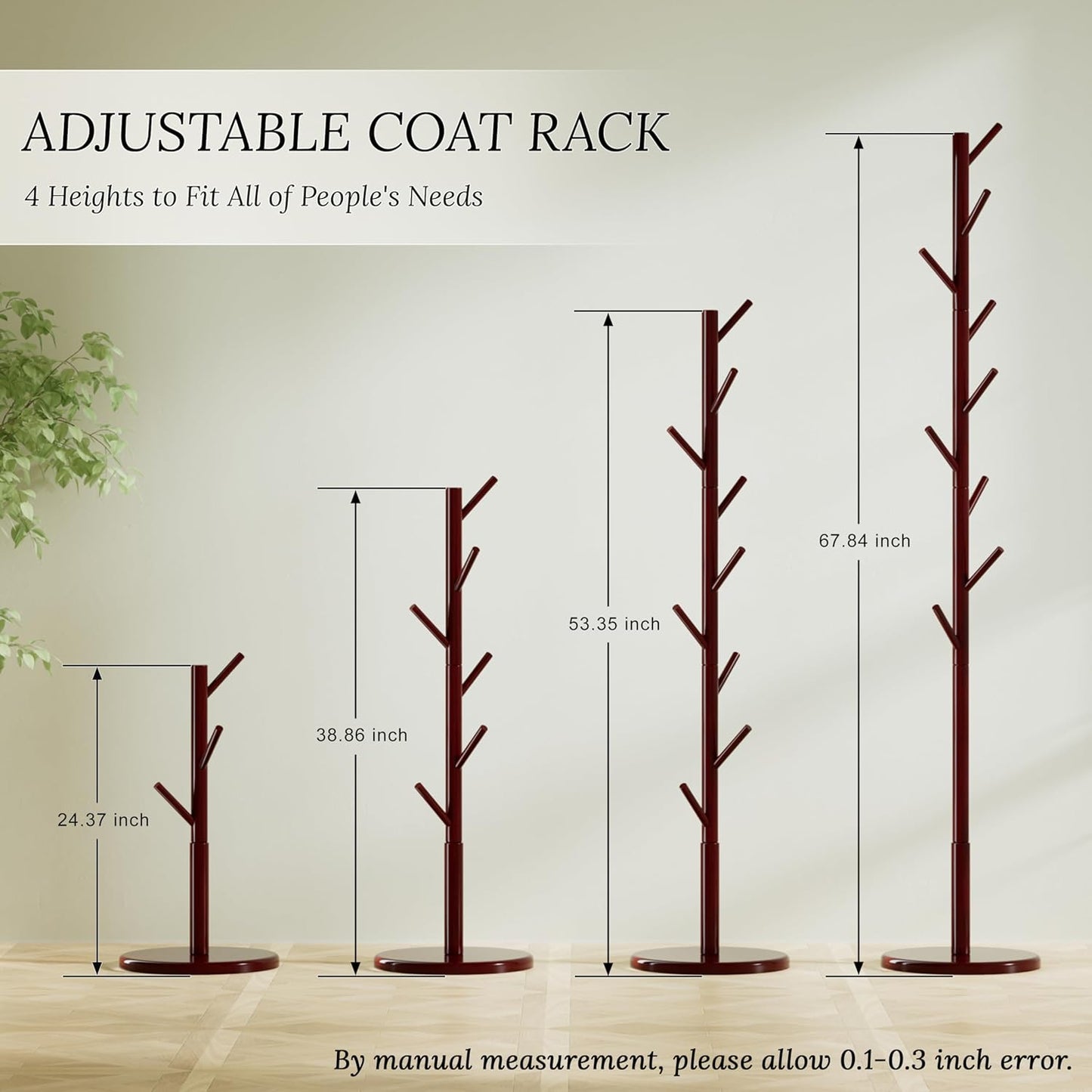 Wooden Coat Rack Freestanding Coat Tree with 4 Height Options and 9 Hooks, Sturdy Coat Rack Stand for Clothes/Bags/Hats, Easy Assemble Save Space for Entryway,Bedroom,Office,Narrow Place (Brown)