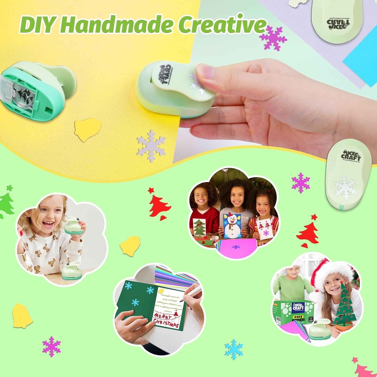 UCEC Hole Punch 1 Inch Craft Christmas Snowflakes Bells Shapes 30 Pieces Hole Puncher for Crafts Set with Craft Paper Cardstock, Mix Shape Designs Hole Puncher for Kids for Crafting Scrapbooking