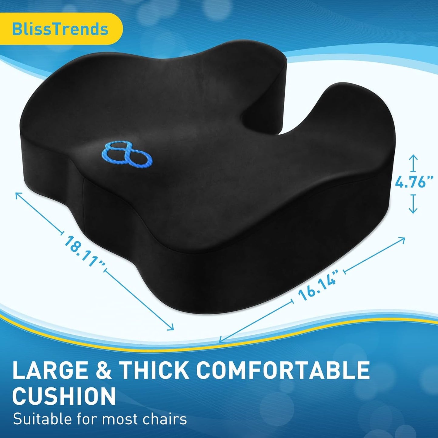 BlissTrends Seat Cushion,Thick Memory Foam Cushions for Office Chair, Car Seat, Airplane, Relieving Pressure Tailbone Sciatica Back Pain for Long Sitting Office Workers, Car Drivers 4.7in Thick Black