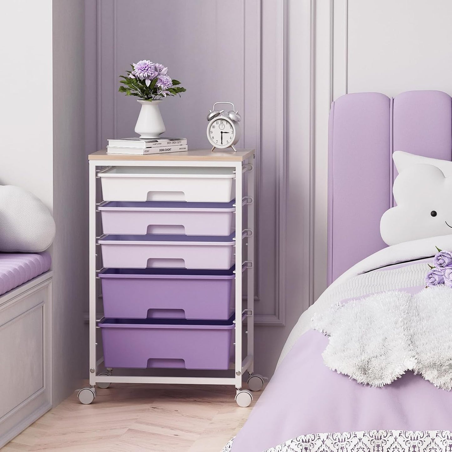 Utility Cart with 5 Drawers,Storage Drawer Cart with Wooden Tabletop and Lockable Wheels,Craft Storage Trolley Cart,5-Tier Rolling Utility Cart on Wheels,Purple