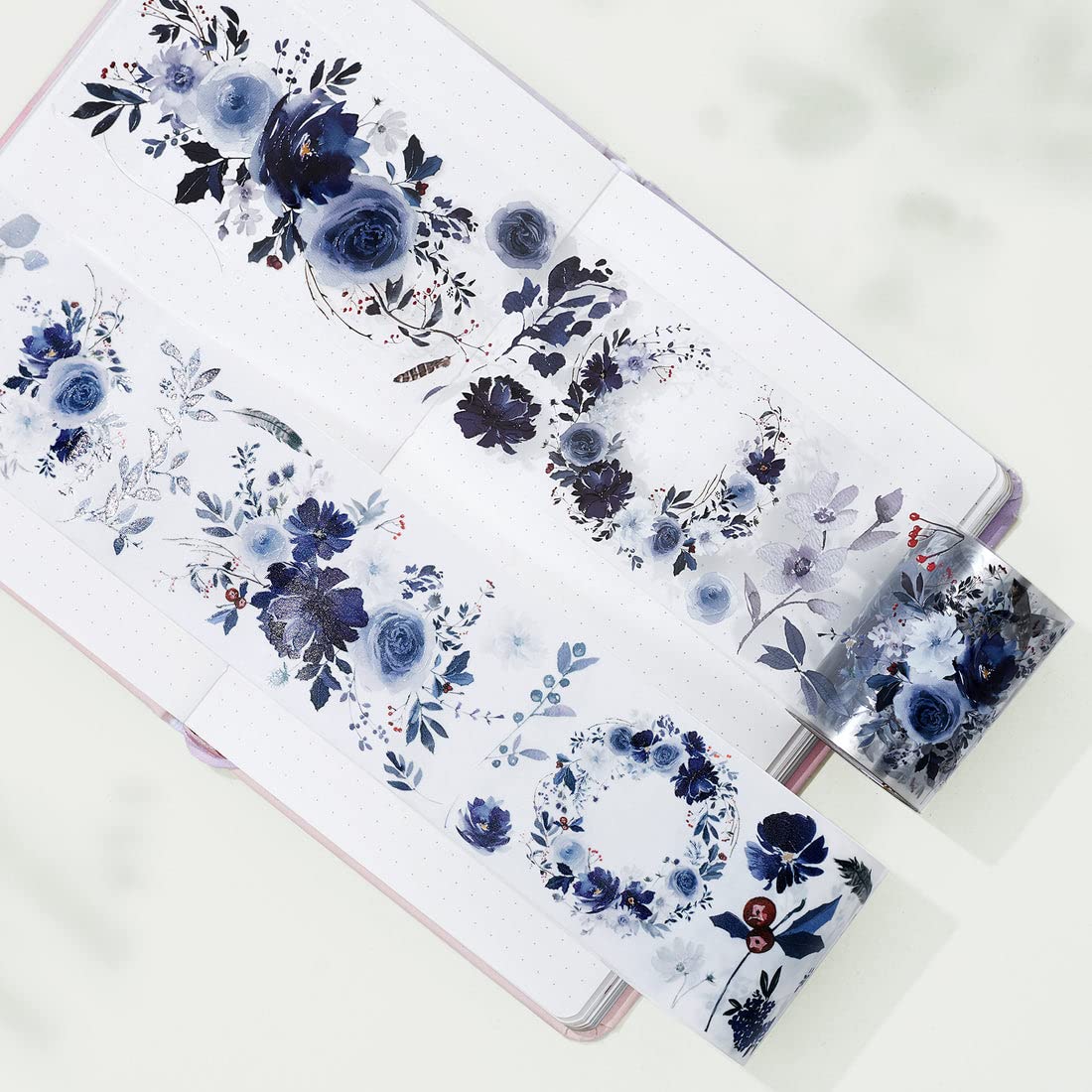 WT Winter Romance Wide PET Tape, 60mm Wide, Single Roll, Floral Decorative Paper Tape, Original Designs for Journaling, DIY Crafts, Planners, Scrapbooks, Card Decoration, Watercolor Blue Flowers