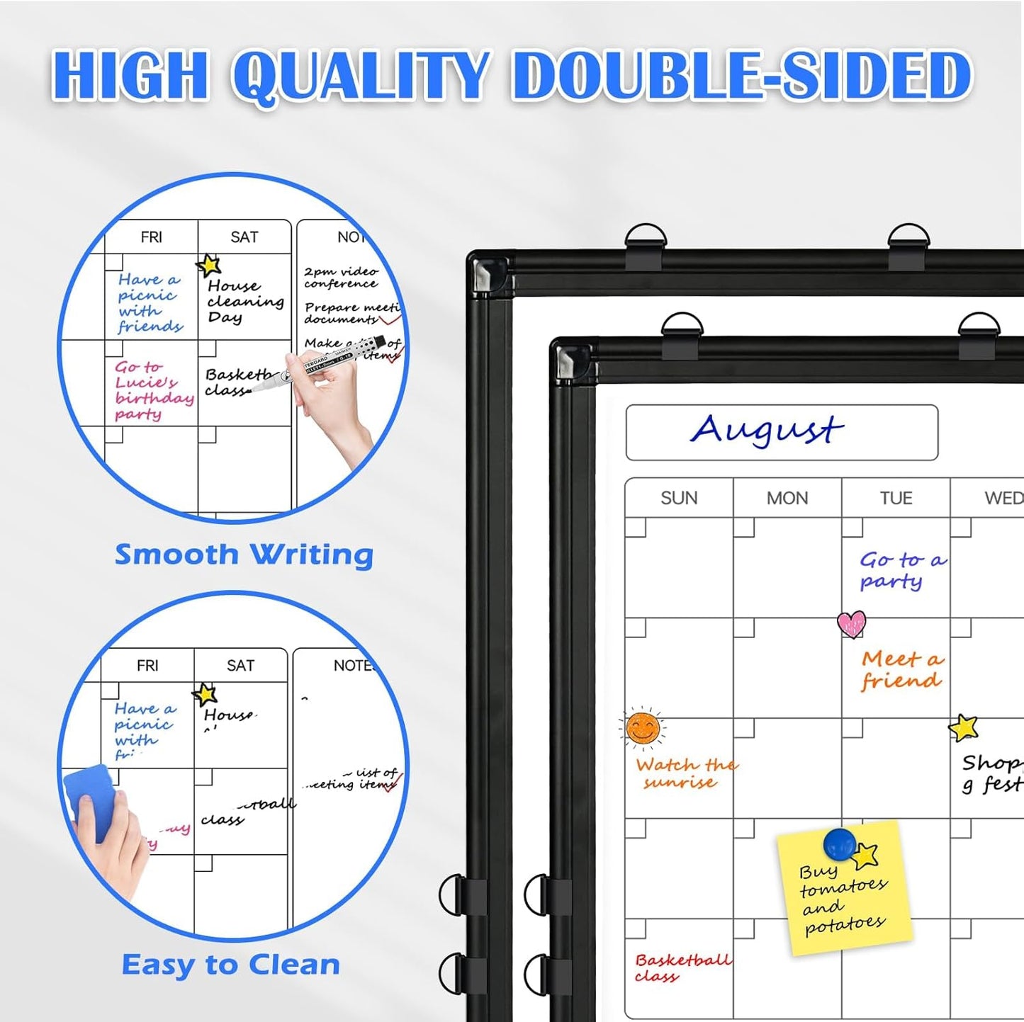 Monthly Calendar Dry Erase Whiteboard, 30" x 20" Magnetic Calendar White Board, Double-Sided Portable Board with Black Aluminium Frame for Office, Kitchen, School, Home